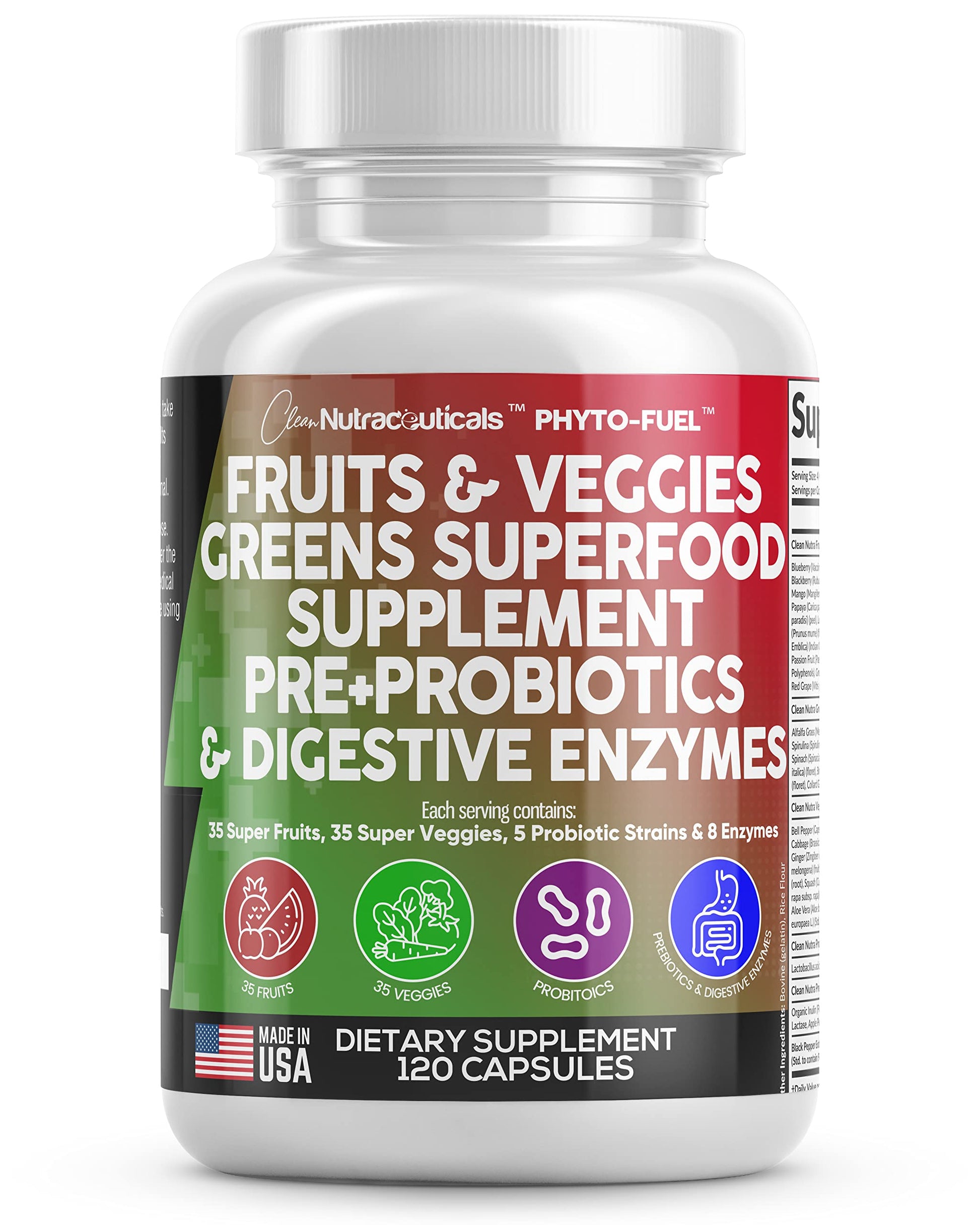 Clean Nutraceuticals Fruits and Veggies Supplement Reds & Green Superfood - Balance of Over 70 Fruit & Vegetable Supplements Capsules with Probiotics Prebiotics Digestive Enzymes - 120 Ct USA Clean Nutraceuticals Au supplements