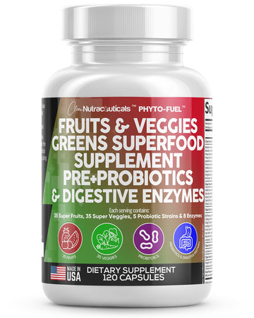Clean Nutraceuticals Fruits and Veggies Supplement Reds & Green Superfood - Balance of Over 70 Fruit & Vegetable Supplements Capsules with Probiotics Prebiotics Digestive Enzymes - 120 Ct USA Clean Nutraceuticals Au supplements
