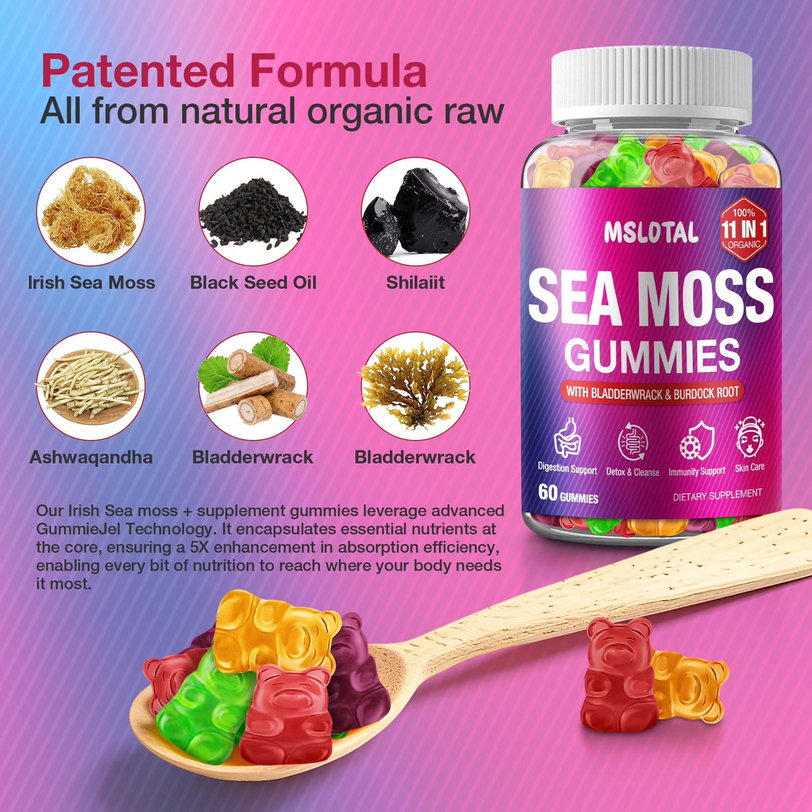 MSLOTAL Irish Sea Moss Gummies with Ashwagandha Bladderwrack and Burdock Root - Natural Irish Seamoss Supplement for Thyroid, Energy, Immune Support - 60 Vegan Gummy MSLOTAL Au supplements