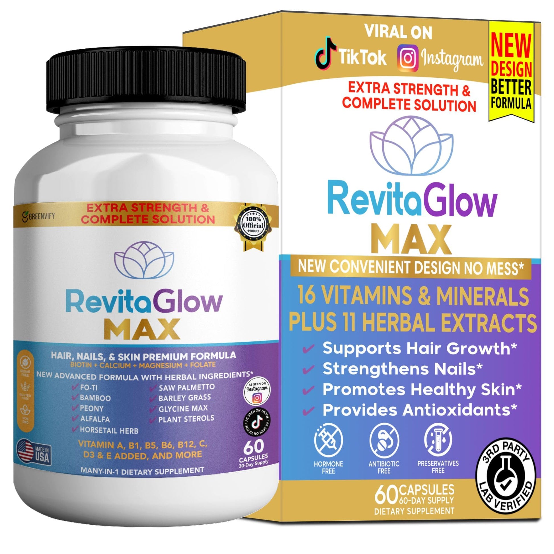 GREENVIFY RevitaGlow Max Hair, Nails & Skin Premium Formula, 60 Capsules, 30-Day Supply, with Biotin, Vitamins A, B1, B5, B6, B12, C, D3, E (1) GREENVIFY Au supplements