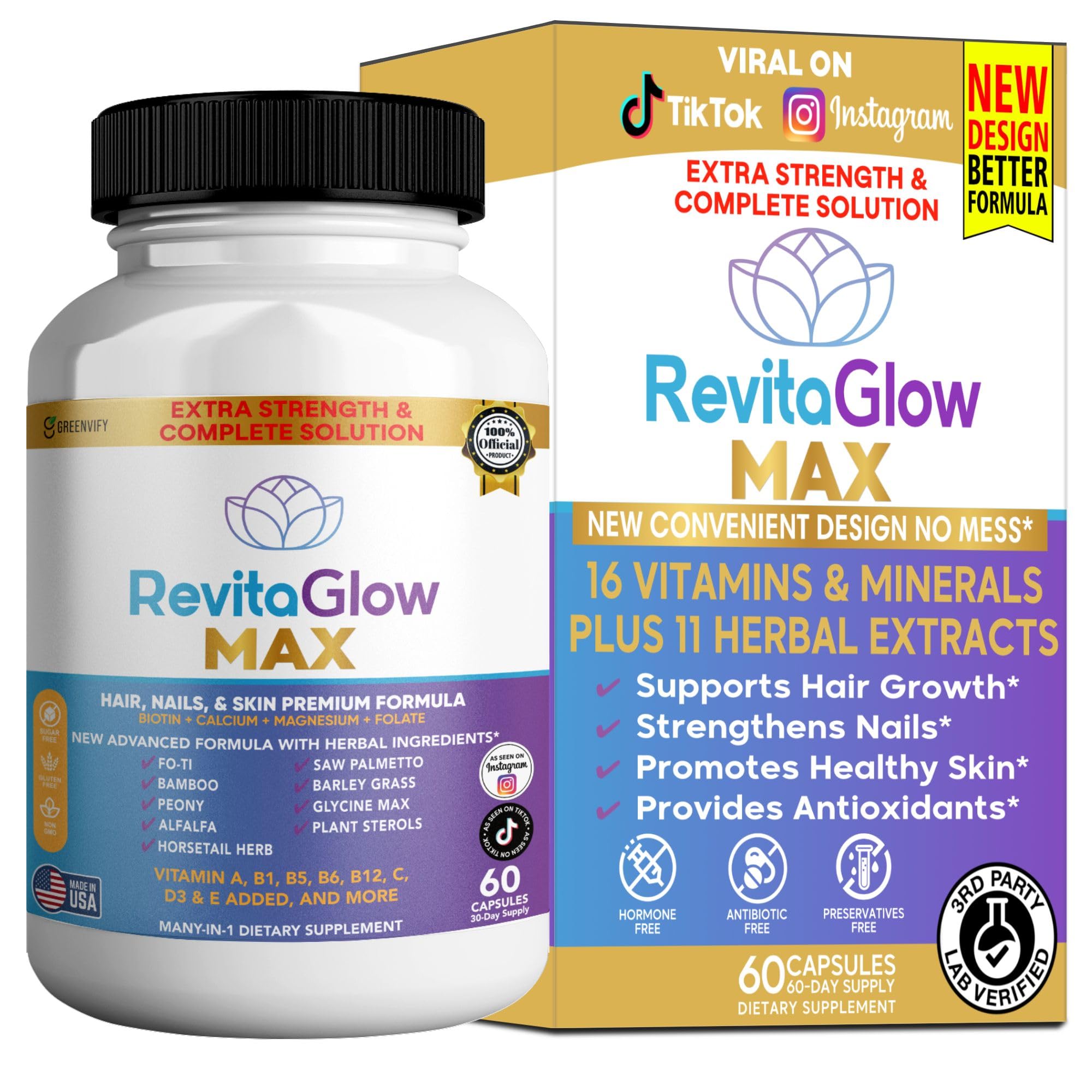 GREENVIFY RevitaGlow Max Hair, Nails & Skin Premium Formula, 60 Capsules, 30-Day Supply, with Biotin, Vitamins A, B1, B5, B6, B12, C, D3, E (1) GREENVIFY Au supplements