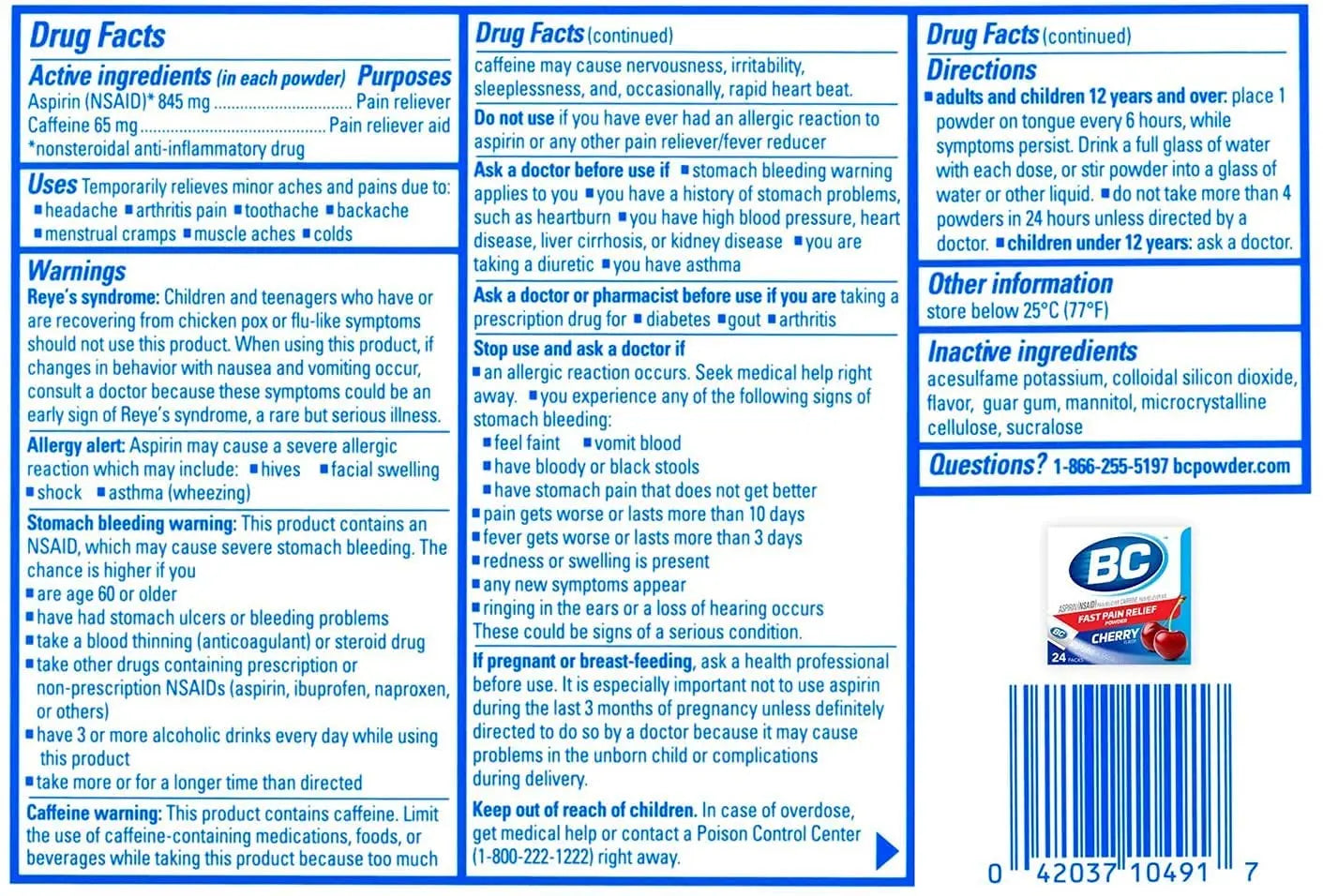 BC Powder Pain Reliever, Cherry Flavor Aspirin Dissolve Packs, 24 Count Powder Packets (6 Pack) BC Au supplements