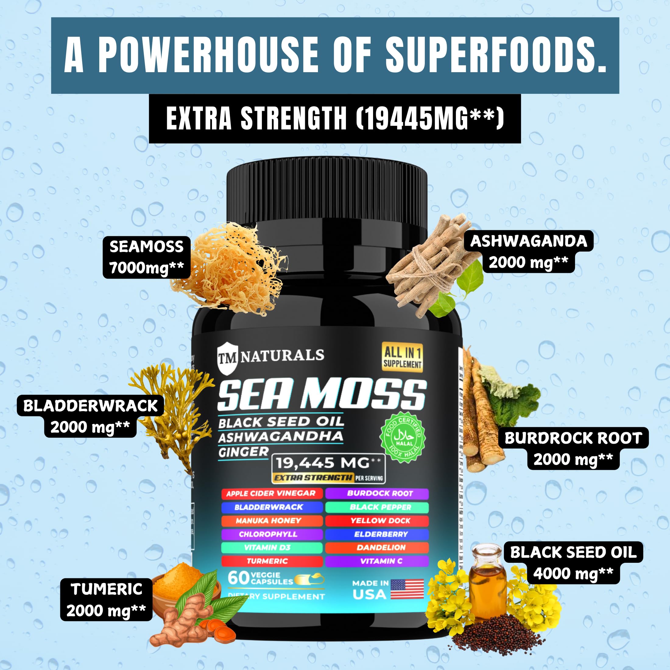 TM NATURALS Sea Moss with Black Seed Oil, Vitamin C, Ashwagandha and Turmeric for Immune Support & Energy - 60 Vegan Capsules + Free Pill Box TM NATURALS Au supplements