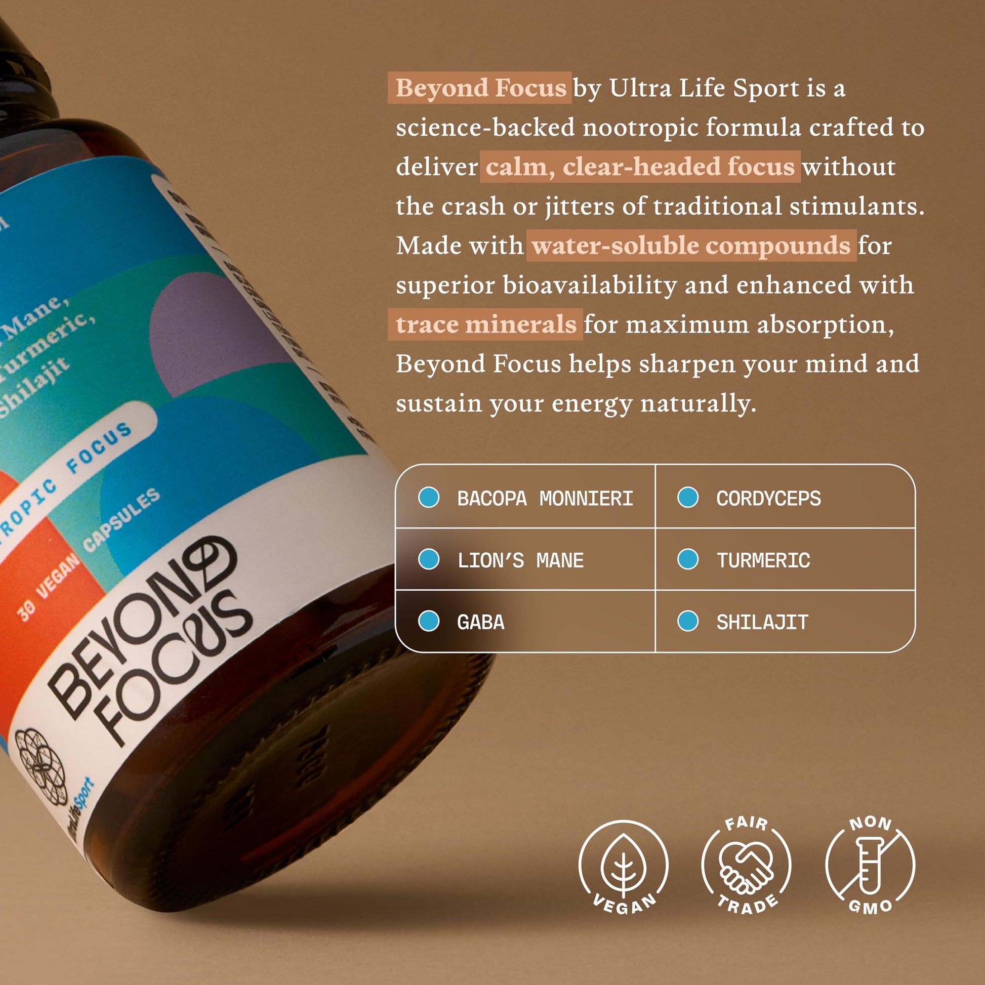 Ultra Life Sport - Beyond Focus Organic Mushroom Supplement - 30 Capsule Brain Supplements for Memory and Focus - 100% Vegan, Non-GMO - Memory Booster with Bacopa, Cordyceps, & Lion’s Mane Ultra Life Sport Au supplements