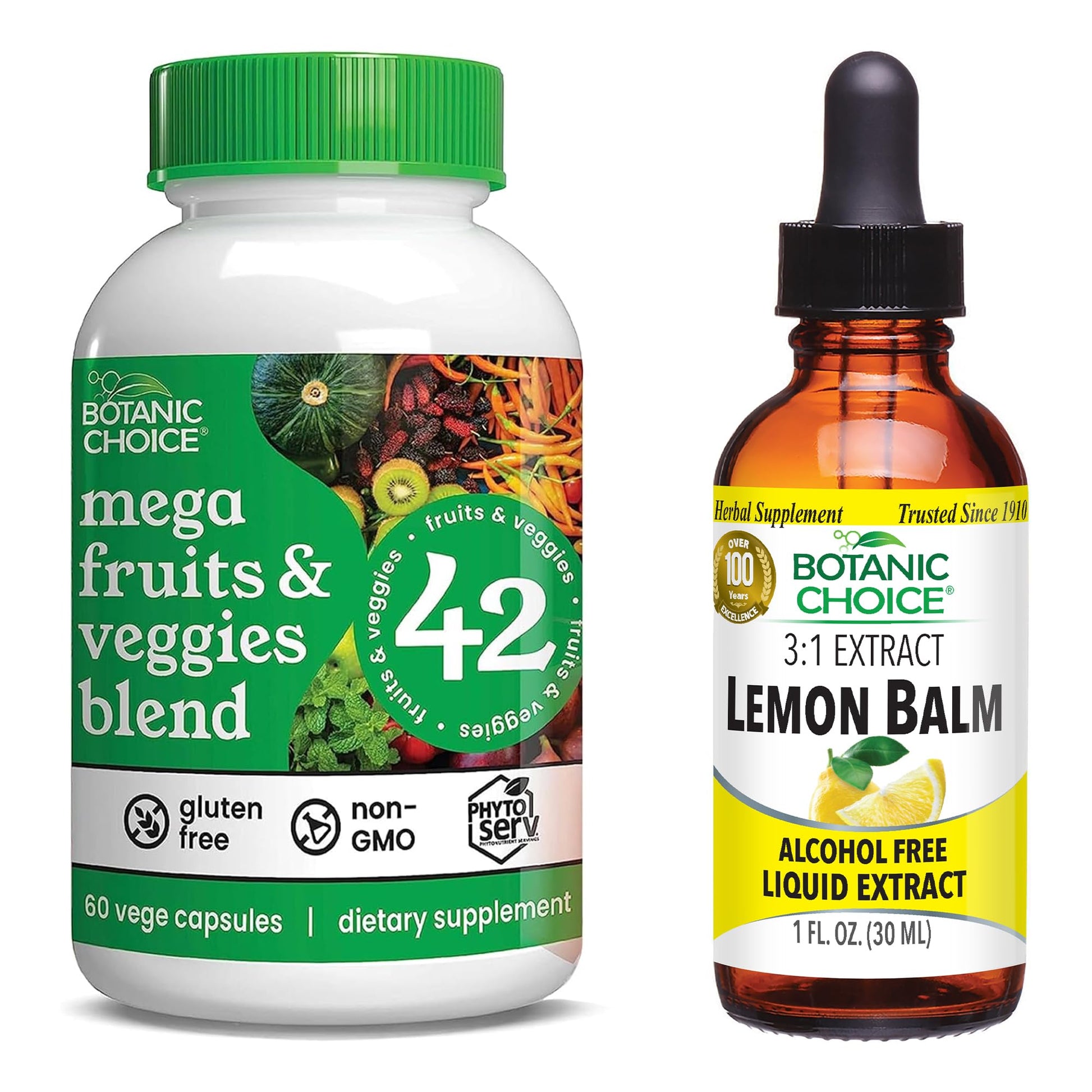 Botanic Choice Mega Fruits and Veggies Blend (60 Capsules) + Lemon Balm Tincture (1 fl oz) Bundle - Energy Balance & Superfood Supplement + Relaxation and Sleep Support Botanic Choice Au supplements