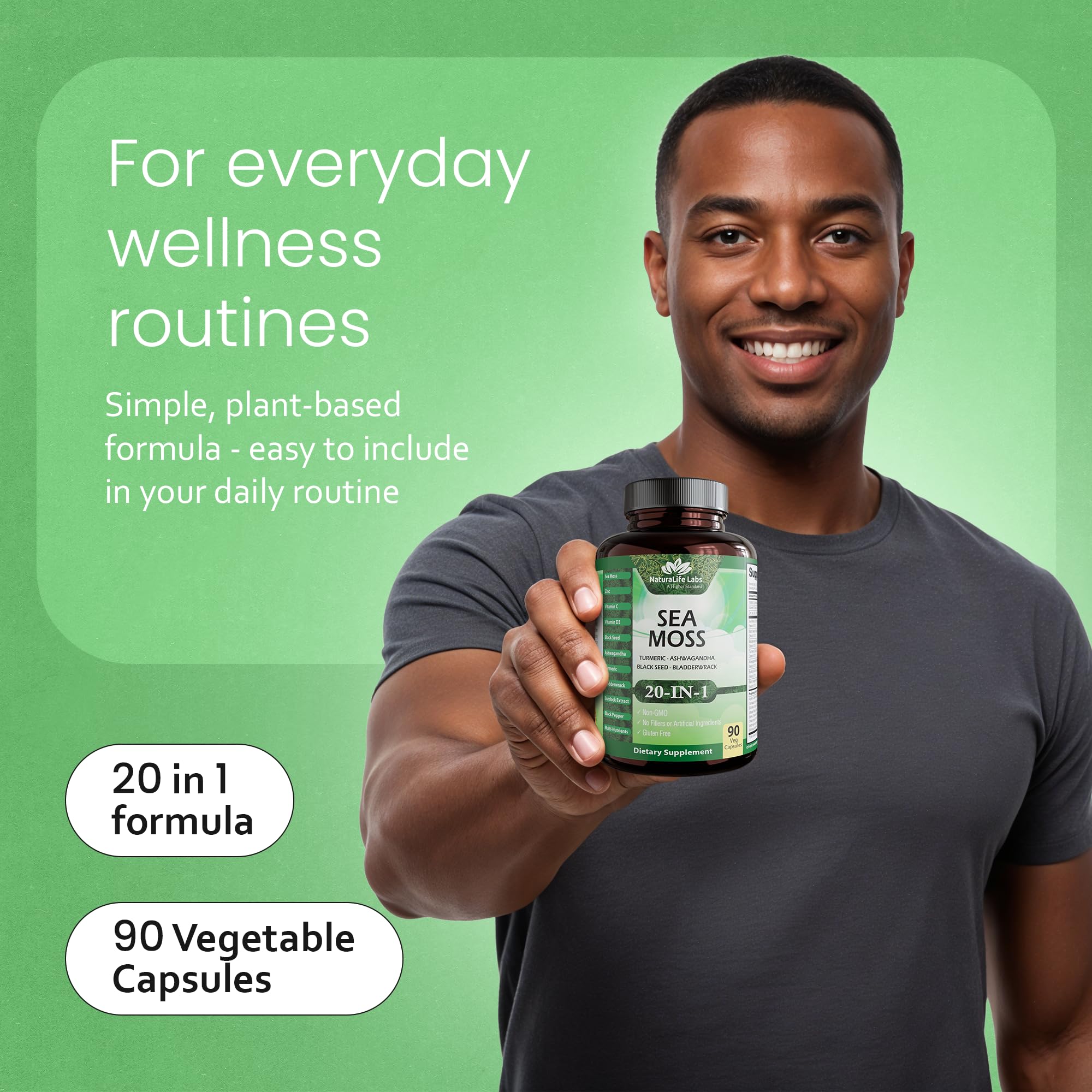 Sea Moss, Black Seed Oil, Bladderwrack, Turmeric, Ashwagandha, Burdock, Vitamin C, D3, Yellow Dock Root, Manuka, Dandelion - 90 Veggie caps NaturaLife Labs Au supplements