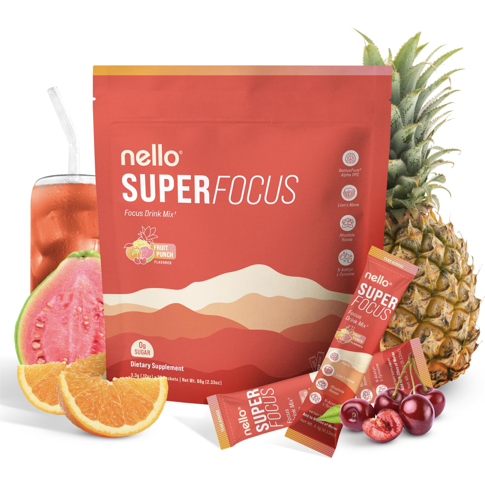 Nello Superfocus Focus Drink Mix – Fruit Punch Flavor – Alpha GPC, Lion’s Mane, Rhodiola & N-Acetyl L-Tyrosine – Sugar-Free, On-the-Go Packets – 20 Servings Nello Au supplements