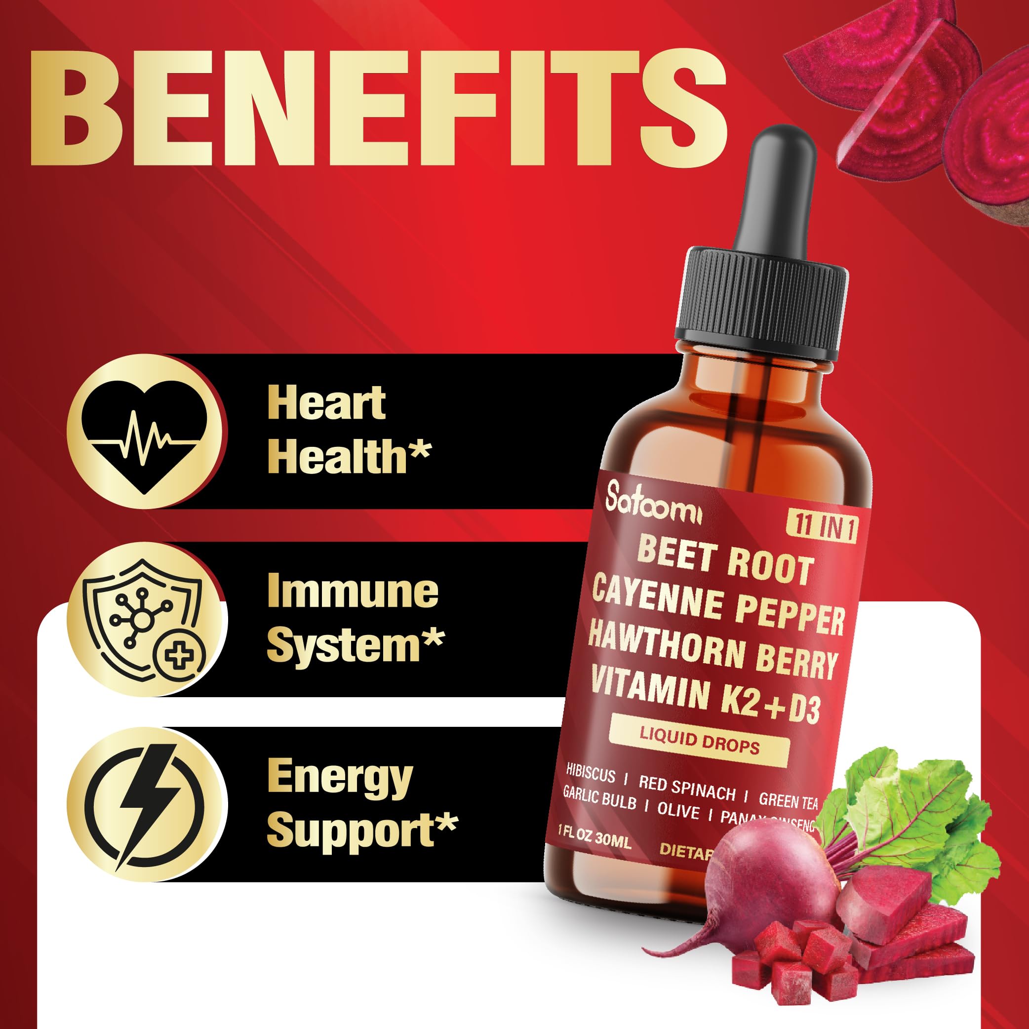 11in1 Beet Root Liquid Drops Supplement with Formula with D3, K2, Hawthorn, Red Spinach, Garlic & Green Tea and More - Supports Immune & Vitality - 1 FL Oz - for 60 Days Satoomi Au supplements