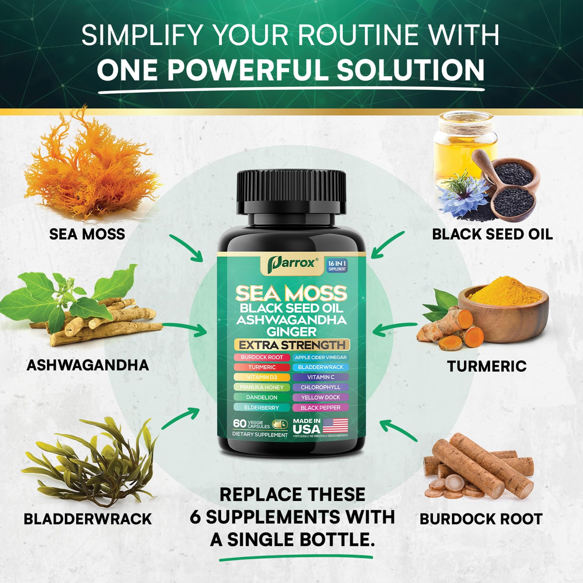 Parrox Sea Moss, Black Seed Oil, Ashwagandha, Turmeric, Chlorophyll, Dandelion, Ginger, Vitamin D3, Black Pepper, Elderberry, ACV, Yellow Dock, Burdock Root, Manuka, Vitamin C, Bladderwrack (60 Caps) Parrox Au supplements
