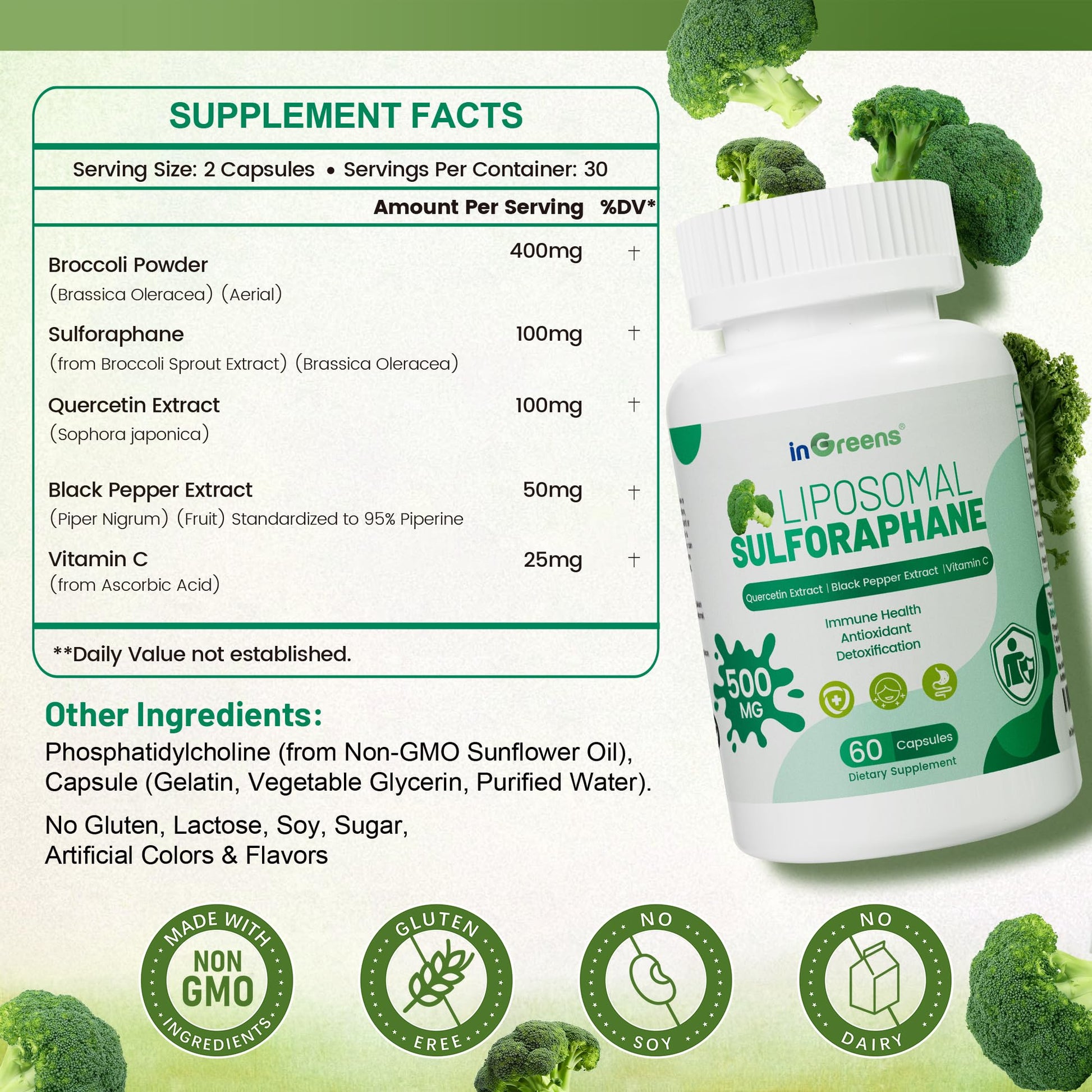 Liposomal Sulforaphane 500mg Supplement from Broccoli Extract with Quercetin, Black Pepper & Vitamin C – Antioxidant, Detox & Cellular Support, Cellular Health Formula for Men & Women, 60 Capsules inGreens Au supplements