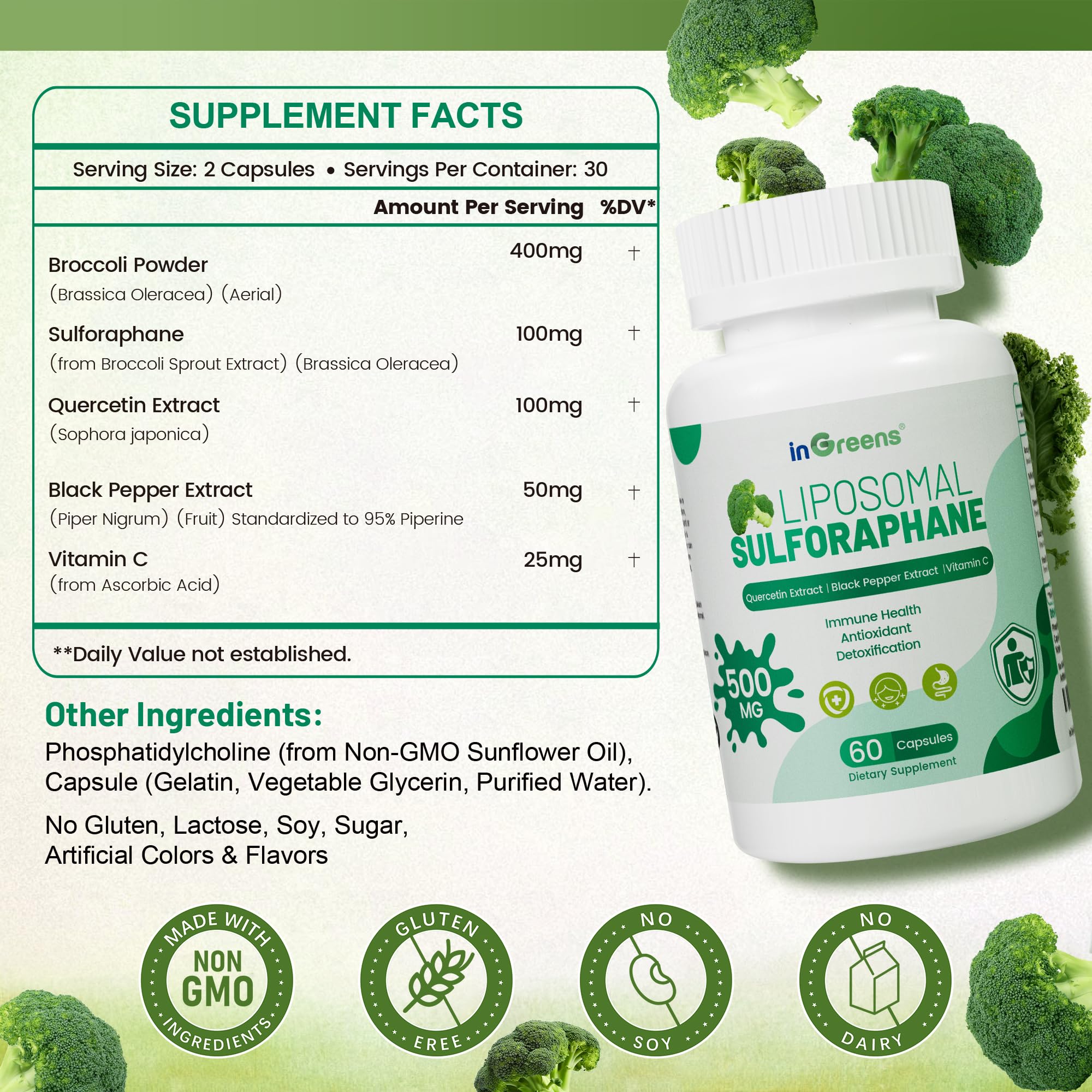Liposomal Sulforaphane 500mg Supplement from Broccoli Extract with Quercetin, Black Pepper & Vitamin C – Antioxidant, Detox & Cellular Support, Cellular Health Formula for Men & Women, 60 Capsules inGreens Au supplements