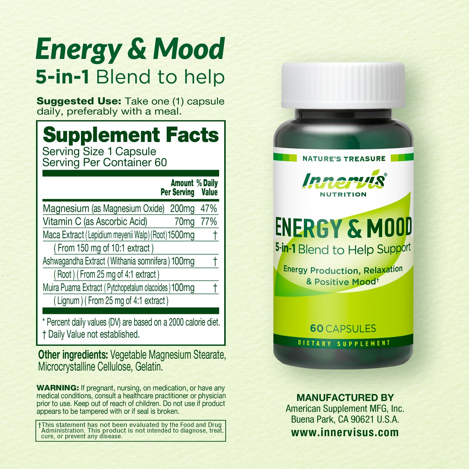 Caffeine Free Natural Energy Boost with Ashwagandha, Maca & Magnesium - Support Stress Relief, Focus & Mood - 60 Capsules by Innervis Nutrition INNERVISNUTRITION Au supplements