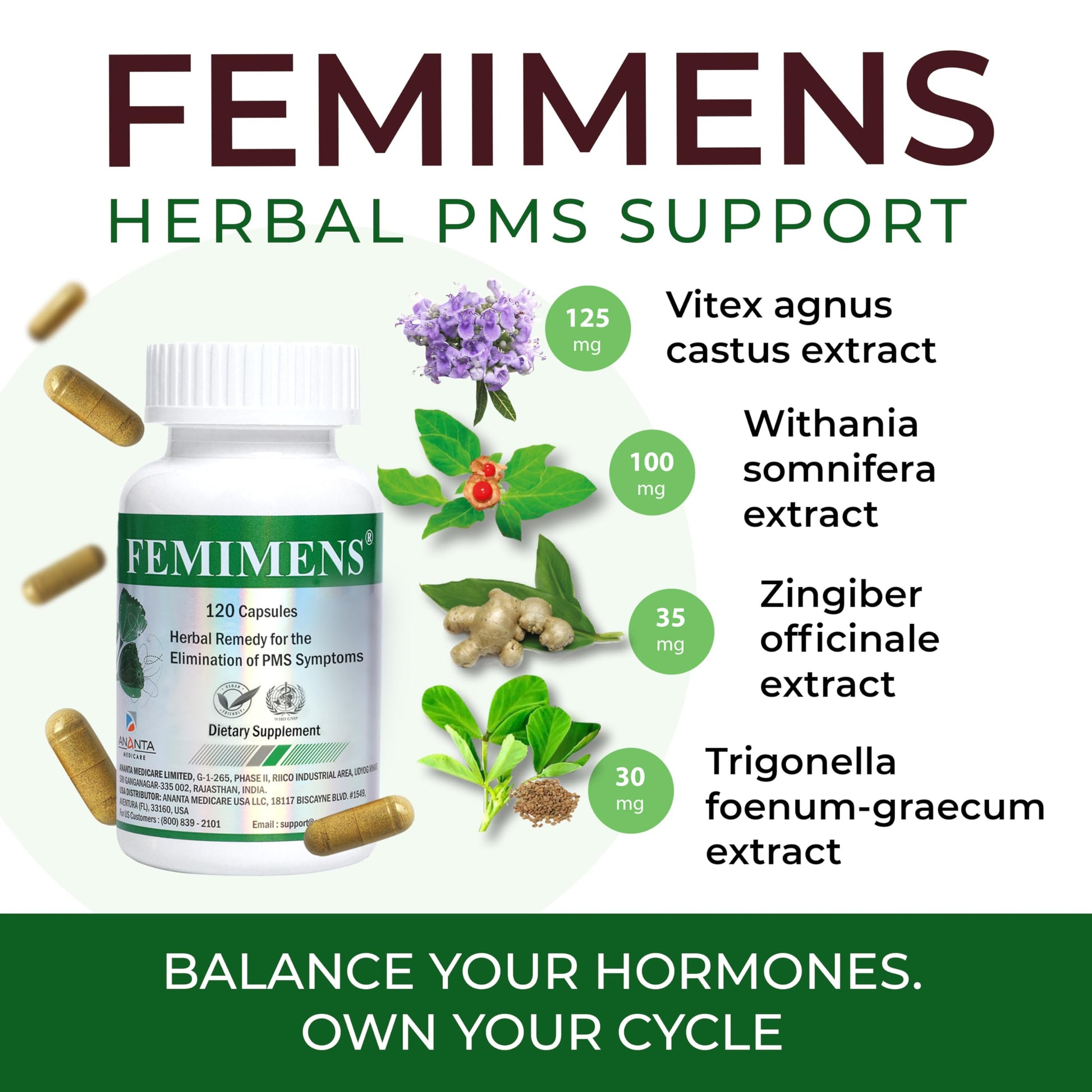 FEMIMENS – PMS Support Supplement for Women – PMS Relief for Women & Menstrual Cramp Relief – Hormonal Balance for Women – Chasteberry Vitex, Ashwagandha, Ginger, Fenugreek – 120 Vegan Capsules Ananta Medicare USA Au supplements