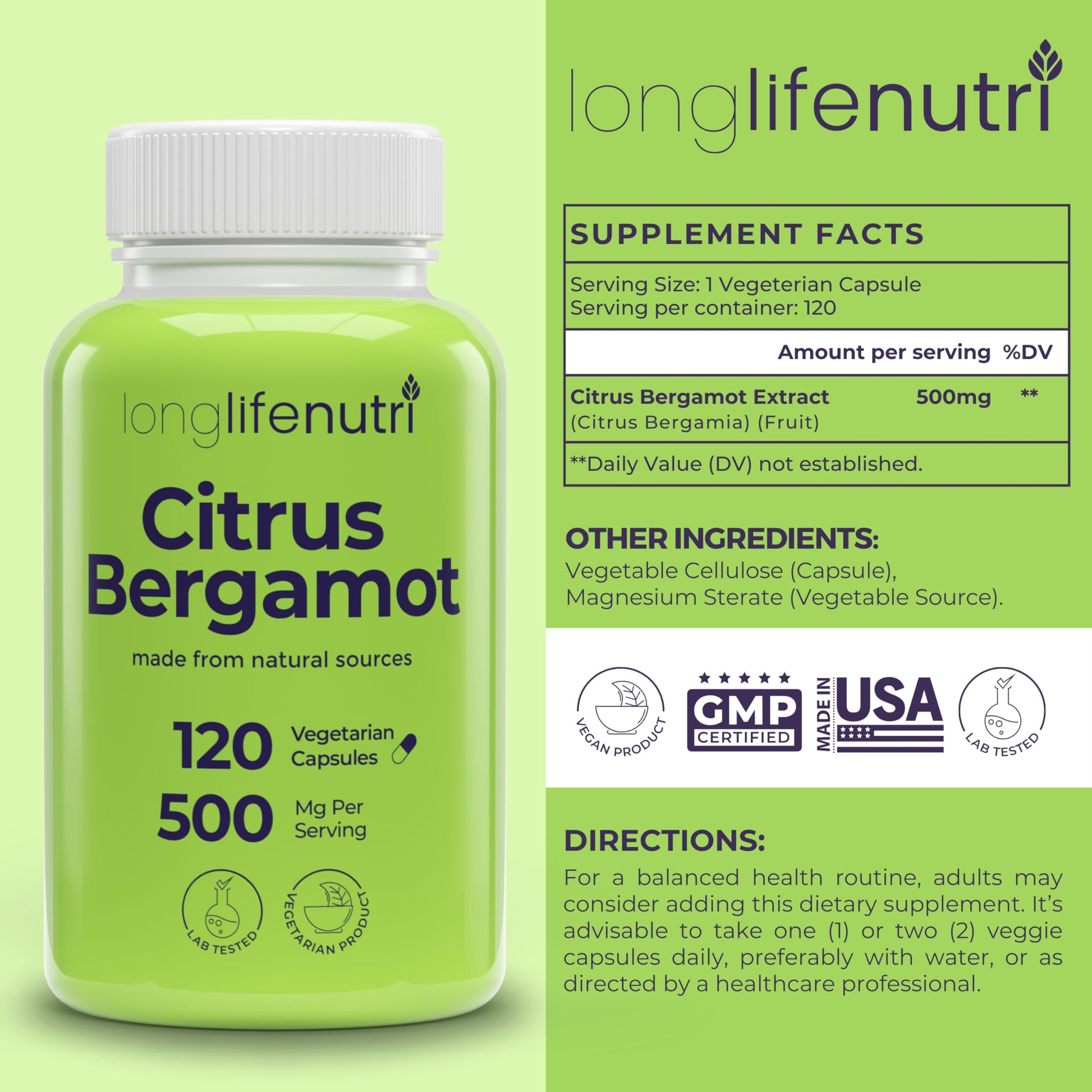 LongLifeNutri Citrus Bergamot Extract 500mg - 120 Vegetarian Capsules, 40% Polyphenolic Flavanones, 4-Month Supply, Plant-Based Anti-Oxidant, Tested, Made in USA LongLifeNutri Au supplements