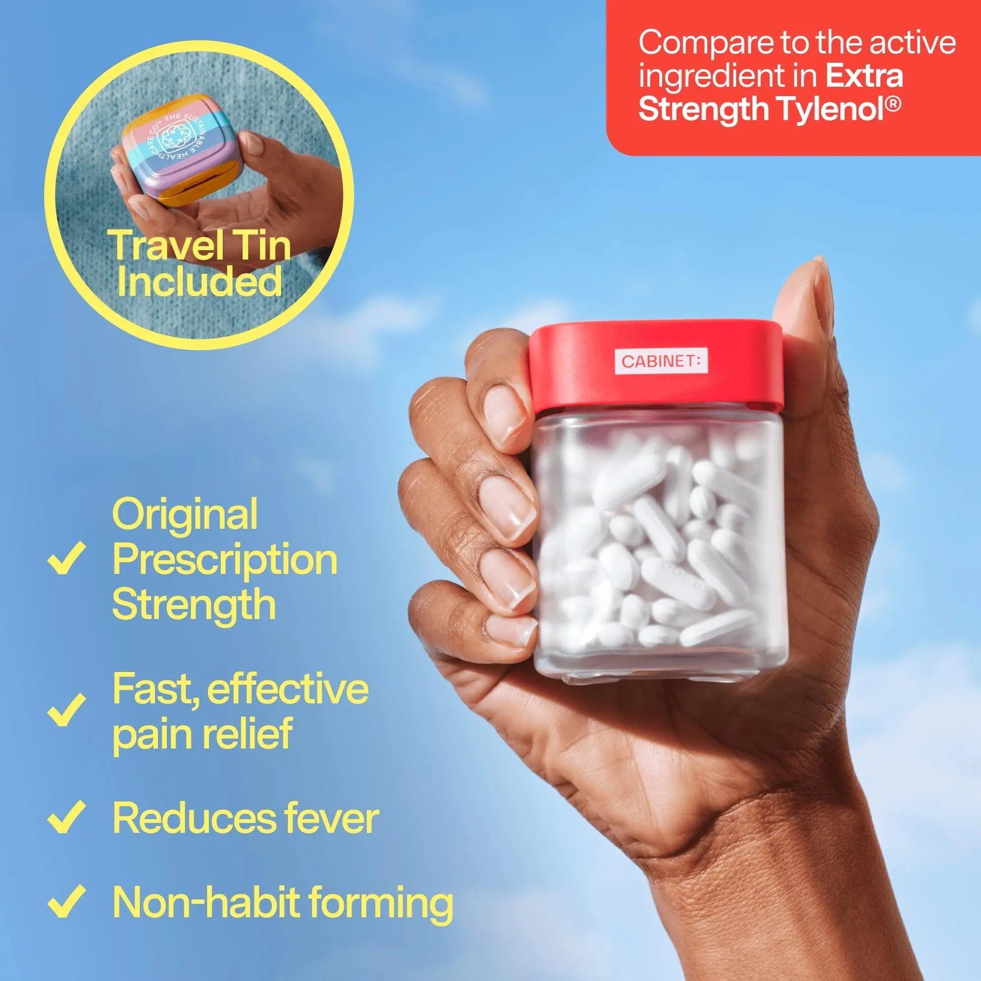 Cabinet: 500mg Acetaminophen for Headache Relief, Toothaches, Sore Throat, and Fever Reducer, Includes 1 Refillable Medicine Jar, 120 Tablets Refillable Glass Jar - w/Travel Tin Cabinet: Au supplements