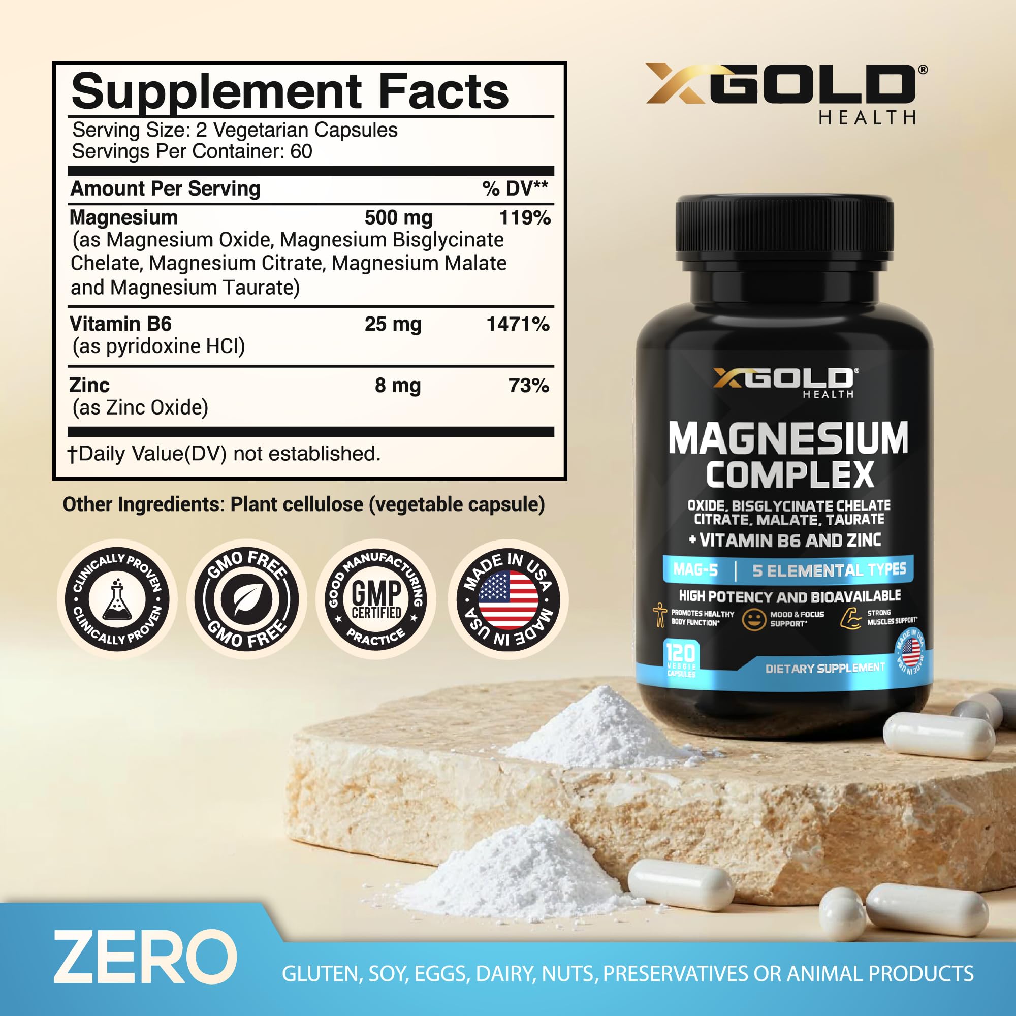 X Gold Health Magnesium Complex 5-in-1 with Zinc & B6 High Absorption Capsules (Glycinate, Citrate, Malate, Taurate, Oxide) Muscle Recovery, Energy, Sleep Support & Immune Health 500mg Made in USA X Gold Health Au supplements