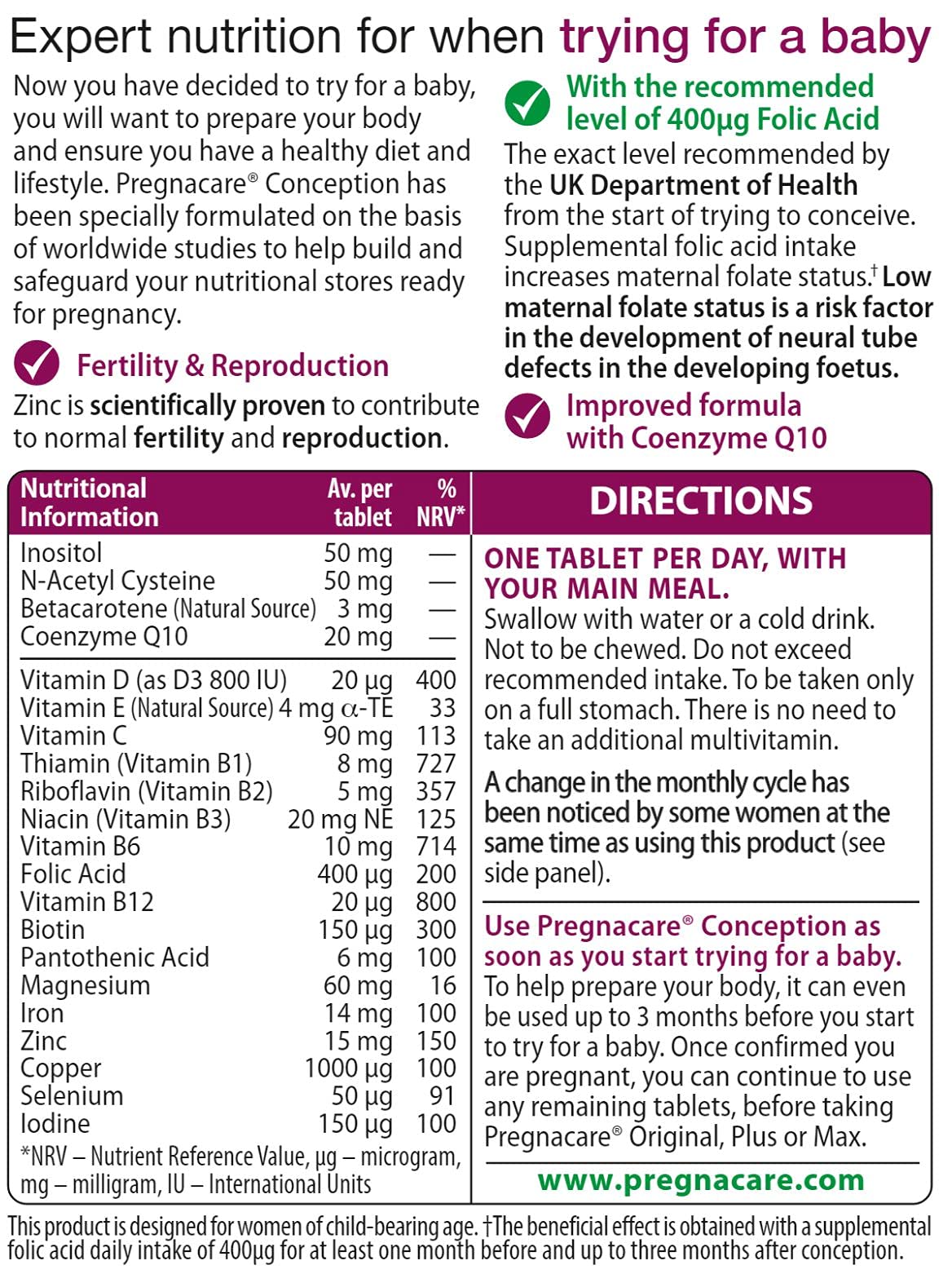 Pregnacare Conception Tablets, Pack of 30, 30 Count Pregnacare Au supplements