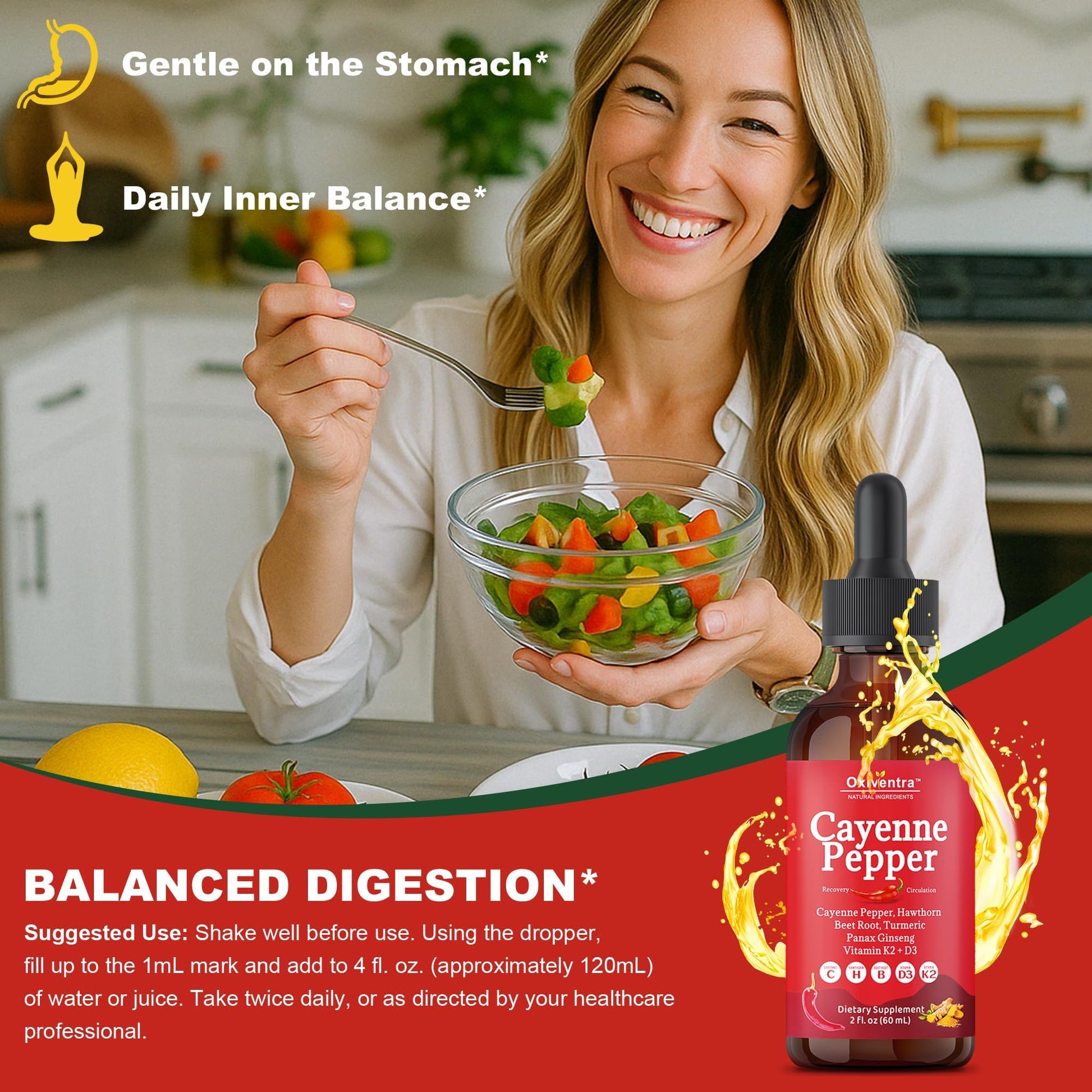 Cayenne Pepper Drops Liquid Supplement Smooth & Sweet Herbal Liquid + Hawthorn Berry, Vitamin D3 K2 Beet Root Powder, Ceylon Cinnamon, Turmeric Curcumin, Organic Panax Ginseng - 2fl oz Oxiventra Au supplements