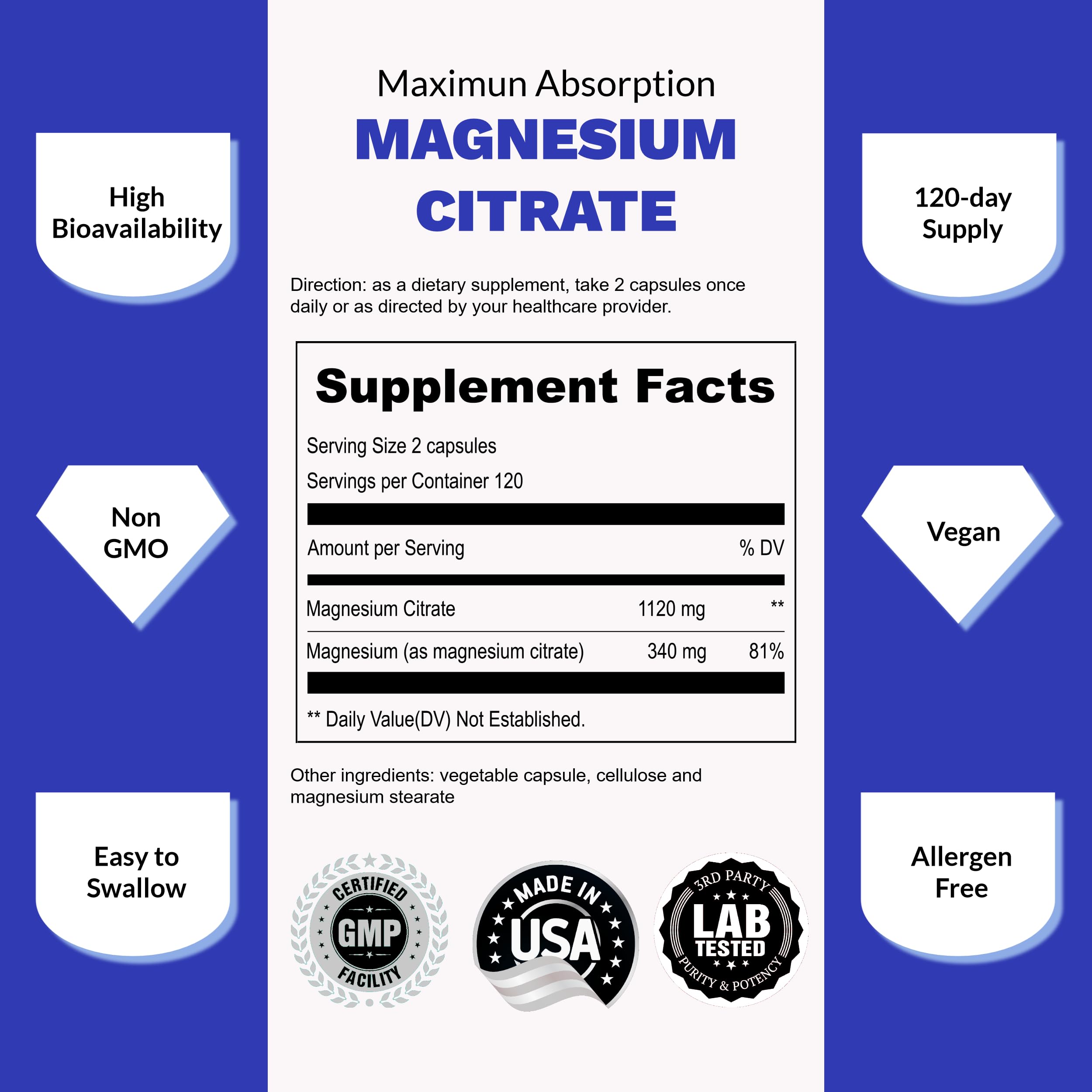 UpNourish Pure Magnesium Citrate (Citrato de Magnesio) 1120mg, 240 Capsules
