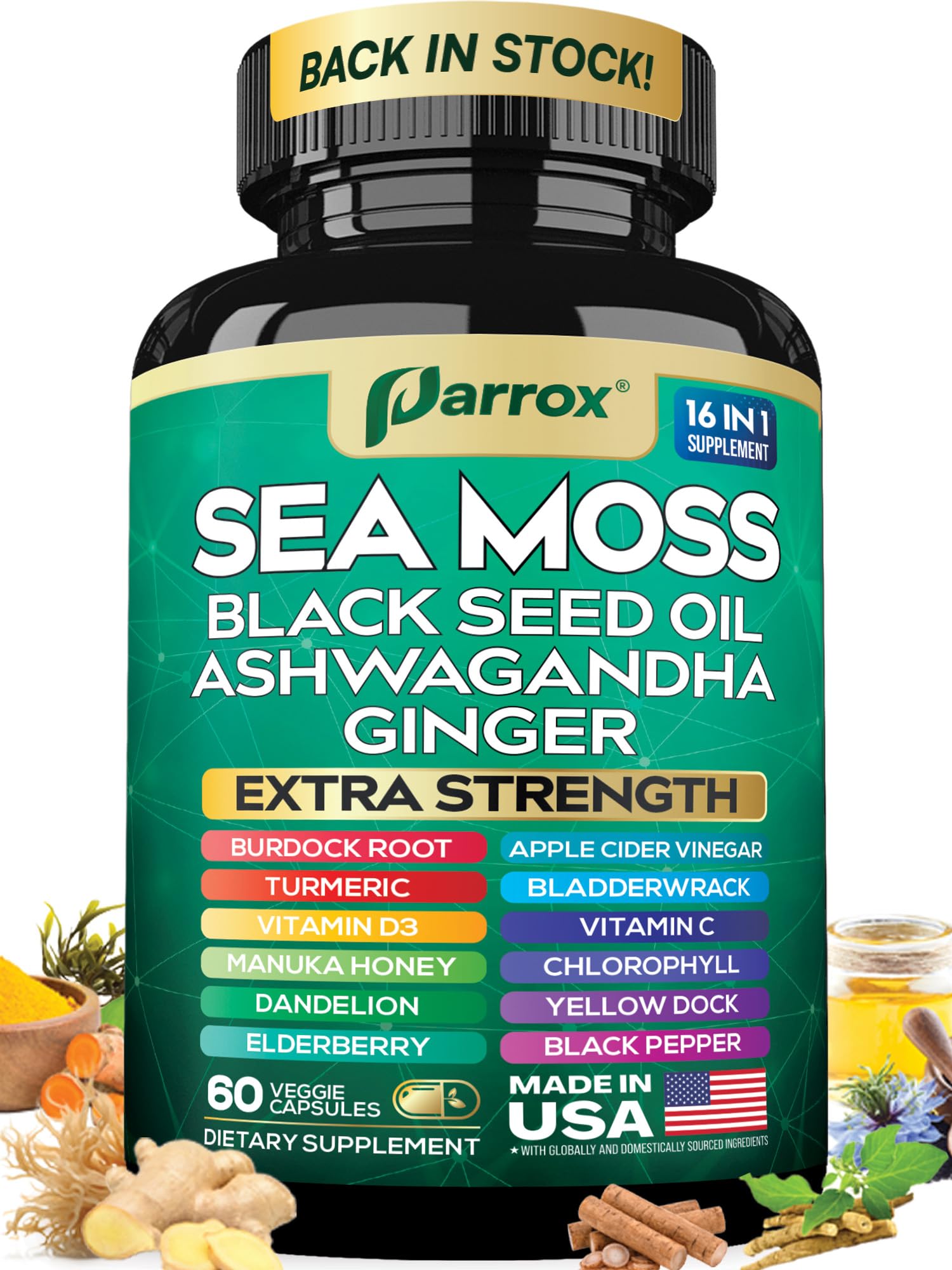 Parrox Sea Moss, Black Seed Oil, Ashwagandha, Turmeric, Chlorophyll, Dandelion, Ginger, Vitamin D3, Black Pepper, Elderberry, ACV, Yellow Dock, Burdock Root, Manuka, Vitamin C, Bladderwrack (60 Caps) Parrox Au supplements