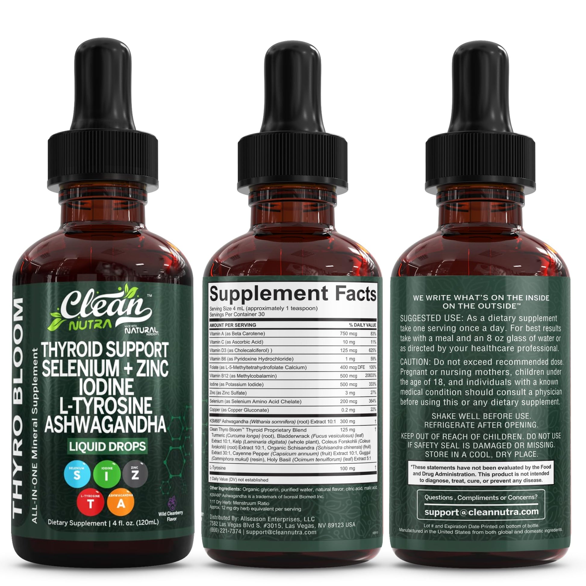 Clean Nutra Thyroid Support Drops Selenium Zinc Iodine L Tyrosine KSM66 Ashwagandha Vitamin D3 B12 A C Turmeric Kelp Schisandra Guggul Cayenne Basil Liquid Supplement Folate Copper Thyro Bloom Drop Clean Nutraceuticals Au supplements