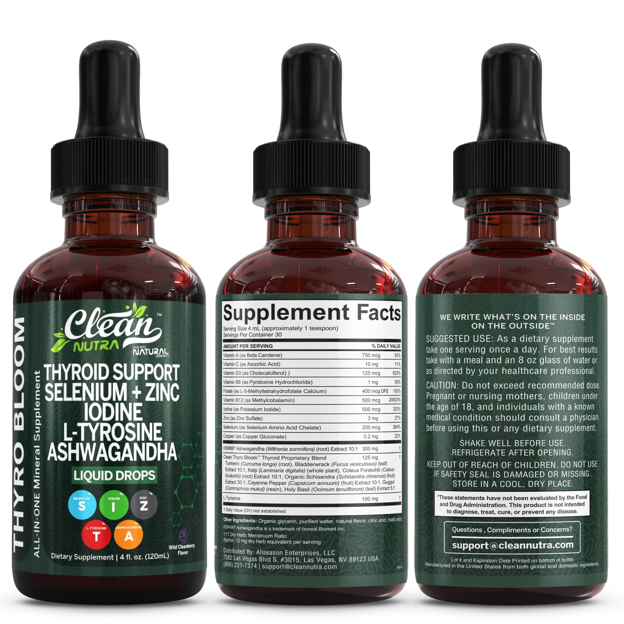 Clean Nutra Thyroid Support Drops Selenium Zinc Iodine L Tyrosine KSM66 Ashwagandha Vitamin D3 B12 A C Turmeric Kelp Schisandra Guggul Cayenne Basil Liquid Supplement Folate Copper Thyro Bloom Drop Clean Nutraceuticals Au supplements