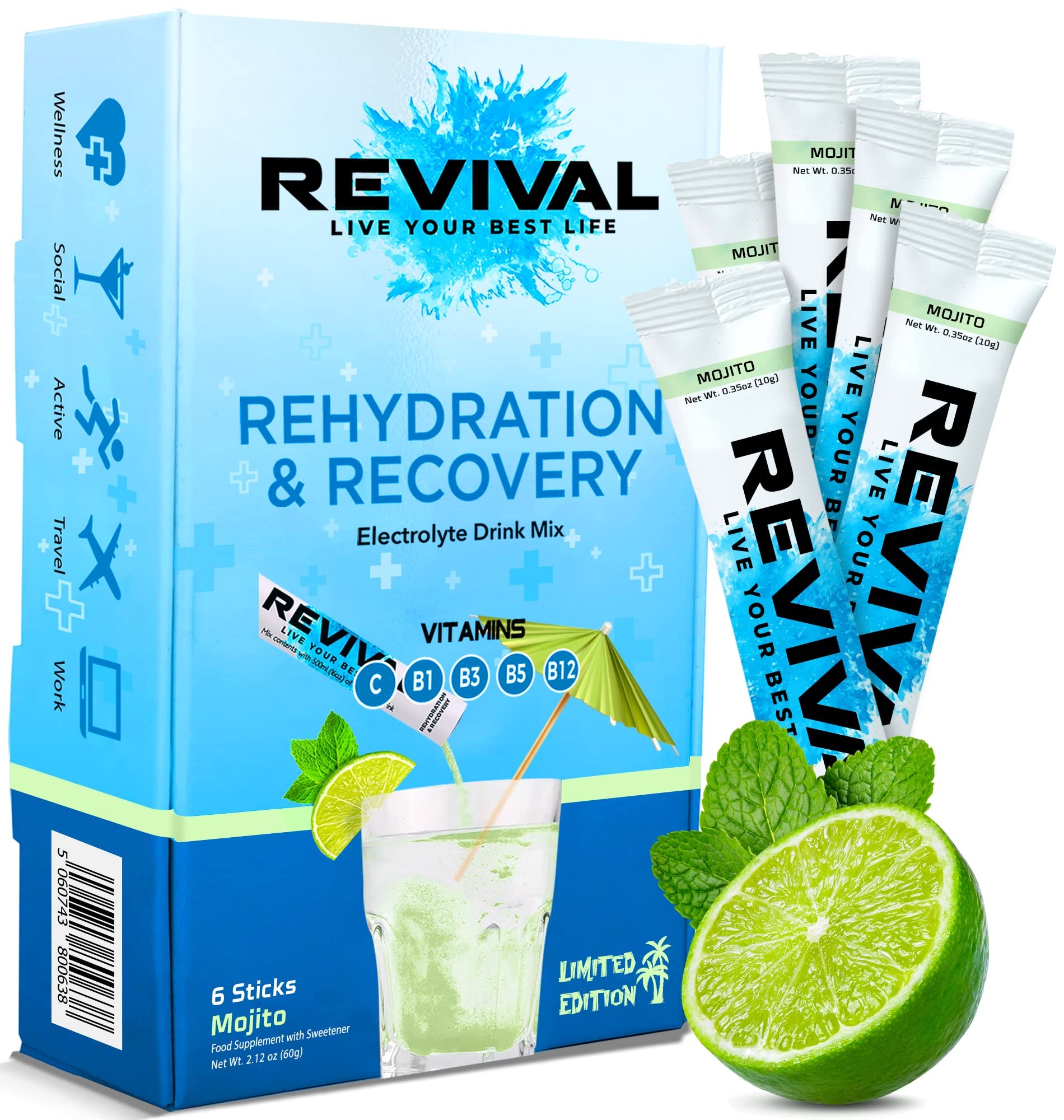 Revival Rapid Rehydration, Electrolytes Powder - High Strength Vitamin C, B1, B3, B5, B12 Revival Shots Au supplements