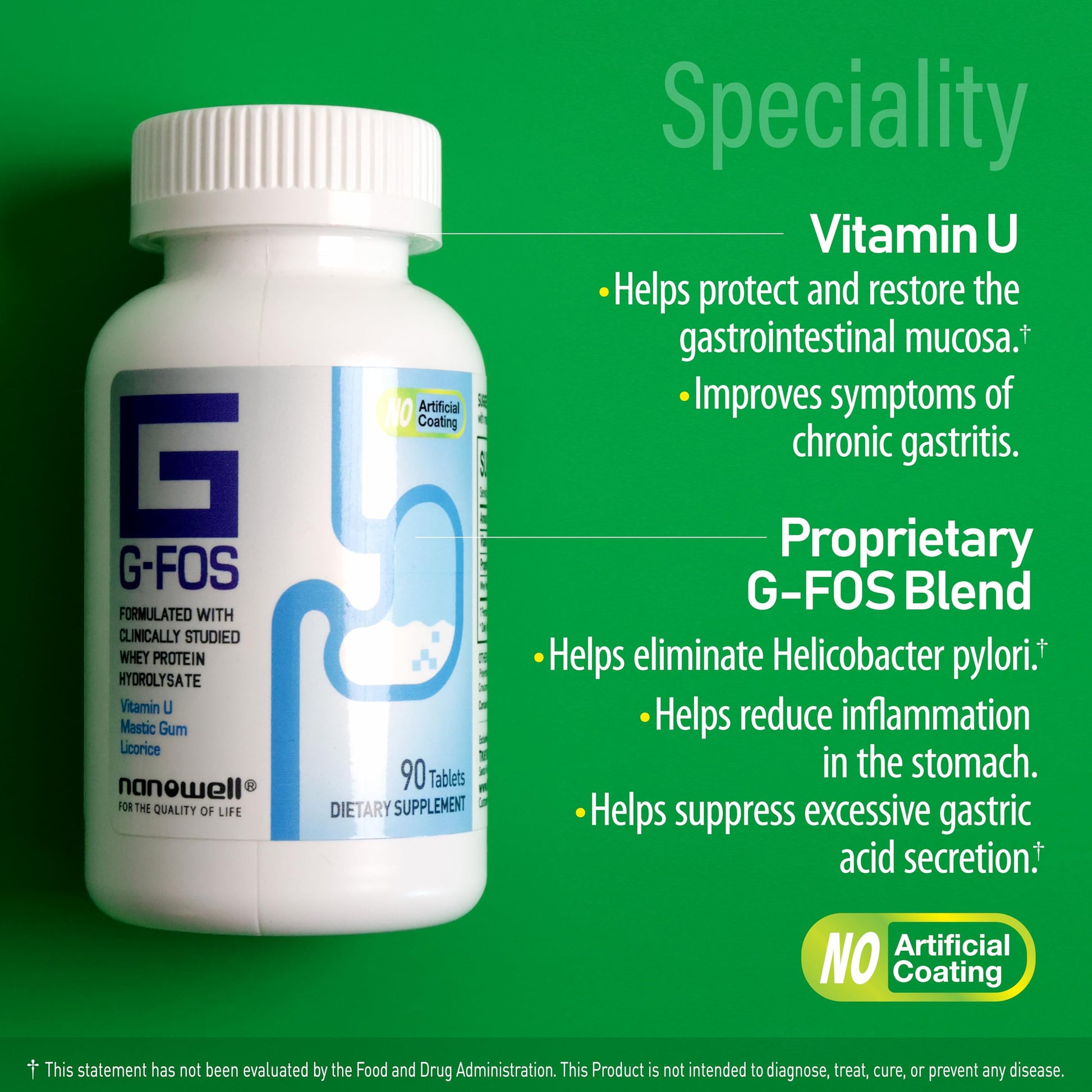 NANOWELL G-FOS Digestive Health Supplement, Vitamin U - 90 Tablets X 2 Bottles for 2 Months (180 Count) NANOWELL Au supplements
