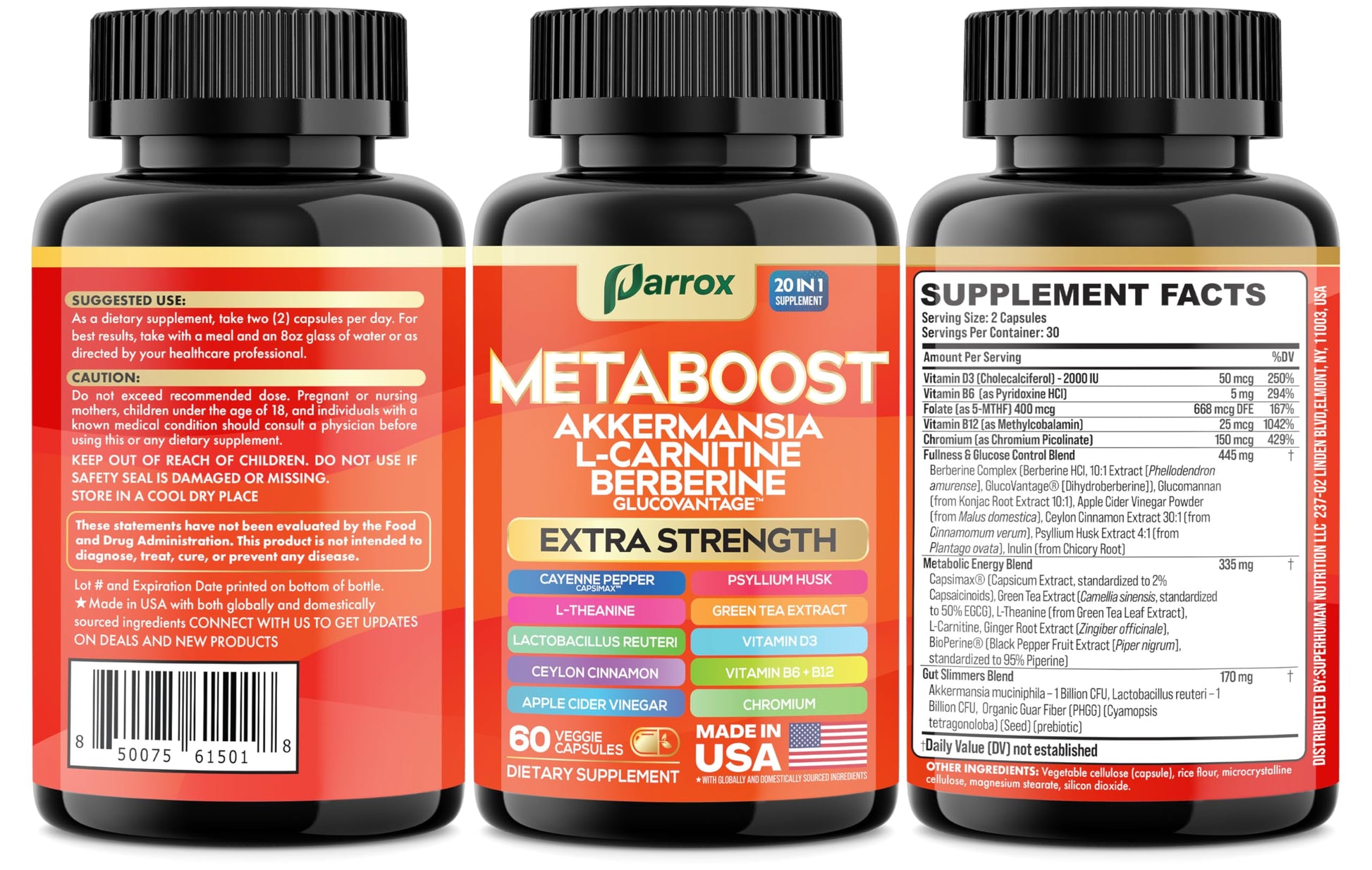 GLP-1 Booster Supplement, Akkermansia, L-Carnitine, Berberine (GlucoVantage), Methylfolate, Methylated B12, Chromium, Capsimax, Psyllium Husk, Probiotics Vitamins D3, B6, 20-in-1 Plant-Based (60 Caps) Parrox Au supplements