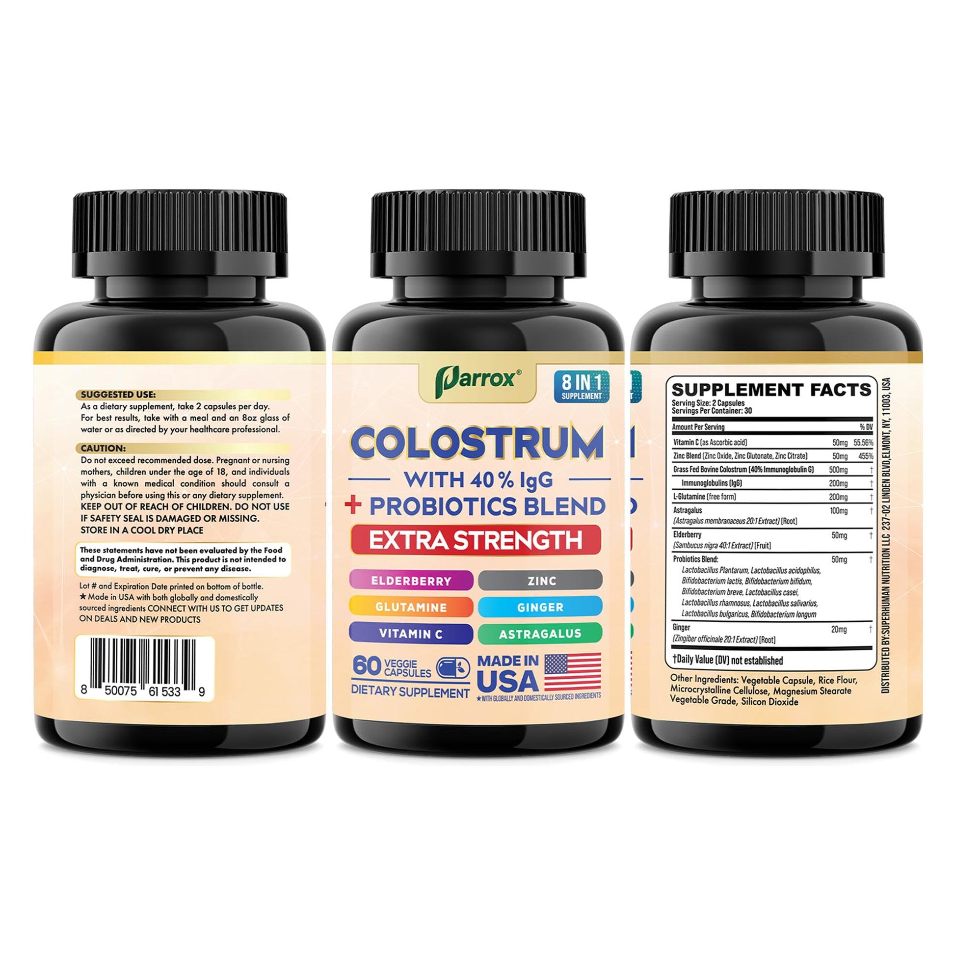 Parrox Colostrum Supplement Capsules, Grass Fed Cow Colostrum with 40% IgG, Probiotics Blend, Elderberry, Astragalus, Zinc, Ginger, Vitamin C, L-Glutamine, 8 in 1 Extra Strength Bovine Boost (60 Caps) Parrox Au supplements