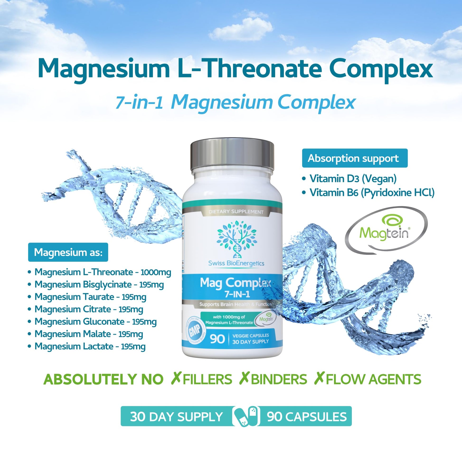 Magnesium L-Threonate Complex 7-in-1 with 1000mg of Magtein Plus Magnesium as Bisglycinate, Taurate, Citrate, Gluconate, Malate & Lactate - Supports Sleep - Vegan, US Made and No Artificial Nasties swiss bioenergetics Au supplements