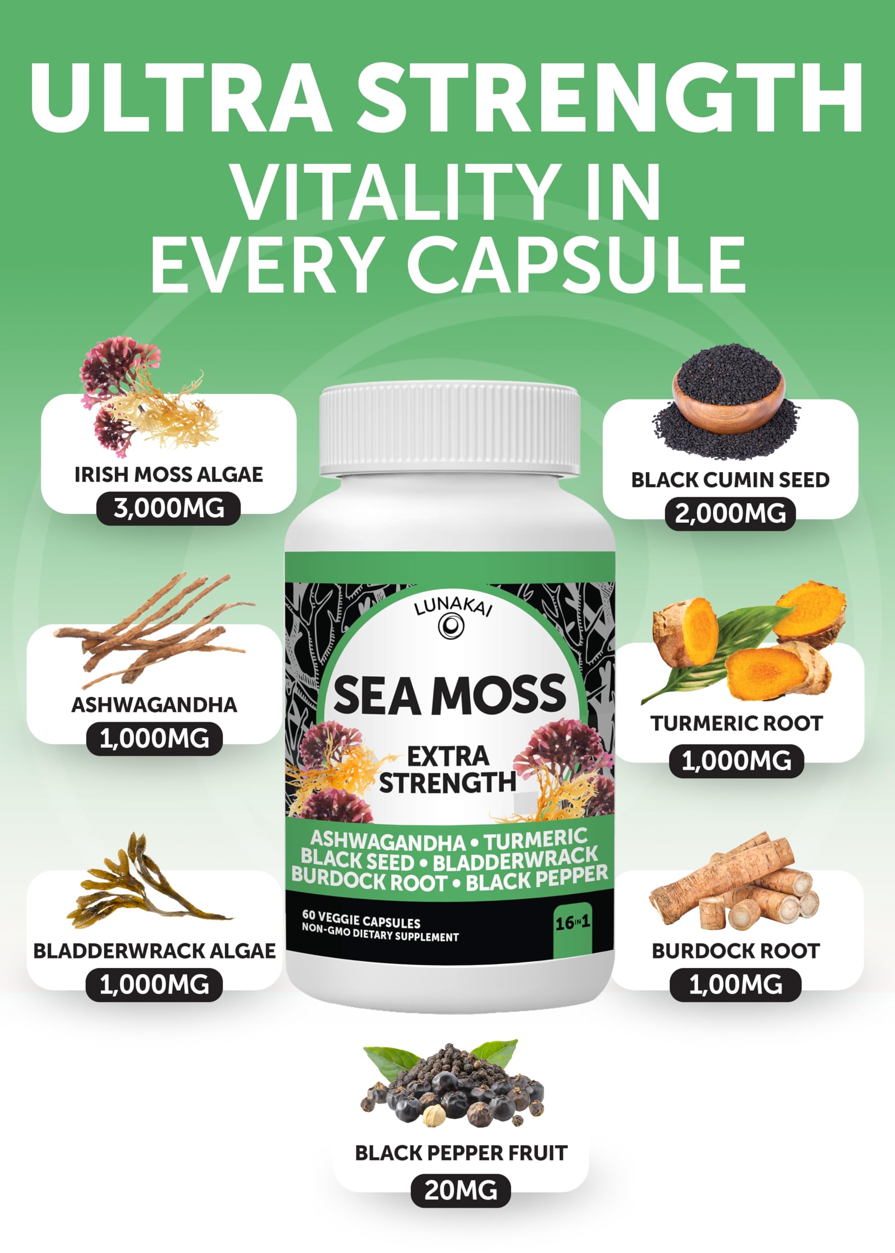 Lunakai USA Made Superfood Fruits & Veggies Supplement & Irish Sea Moss Bundle with 4 Blends, Black Seed Oil & Ashwagandha for Immune & Wellness Support Lunakai Au supplements