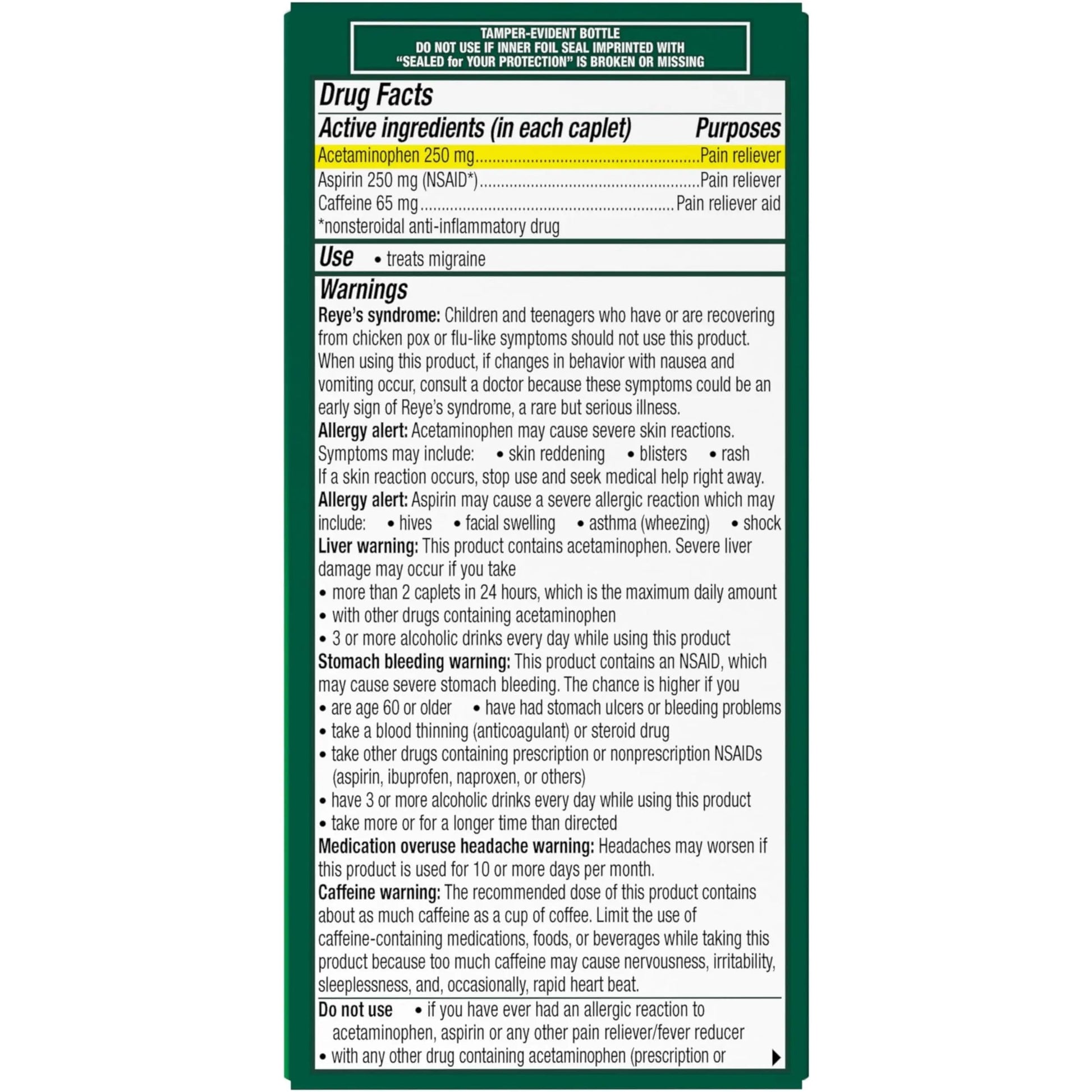 Excedrin Migraine Relief Caplets for Migraine Symptoms, Acetaminophen 250mg, Aspirin 250mg, Caffeine 65mg, Pain Reliever, 100 Count GlaxoSmithKline Au supplements