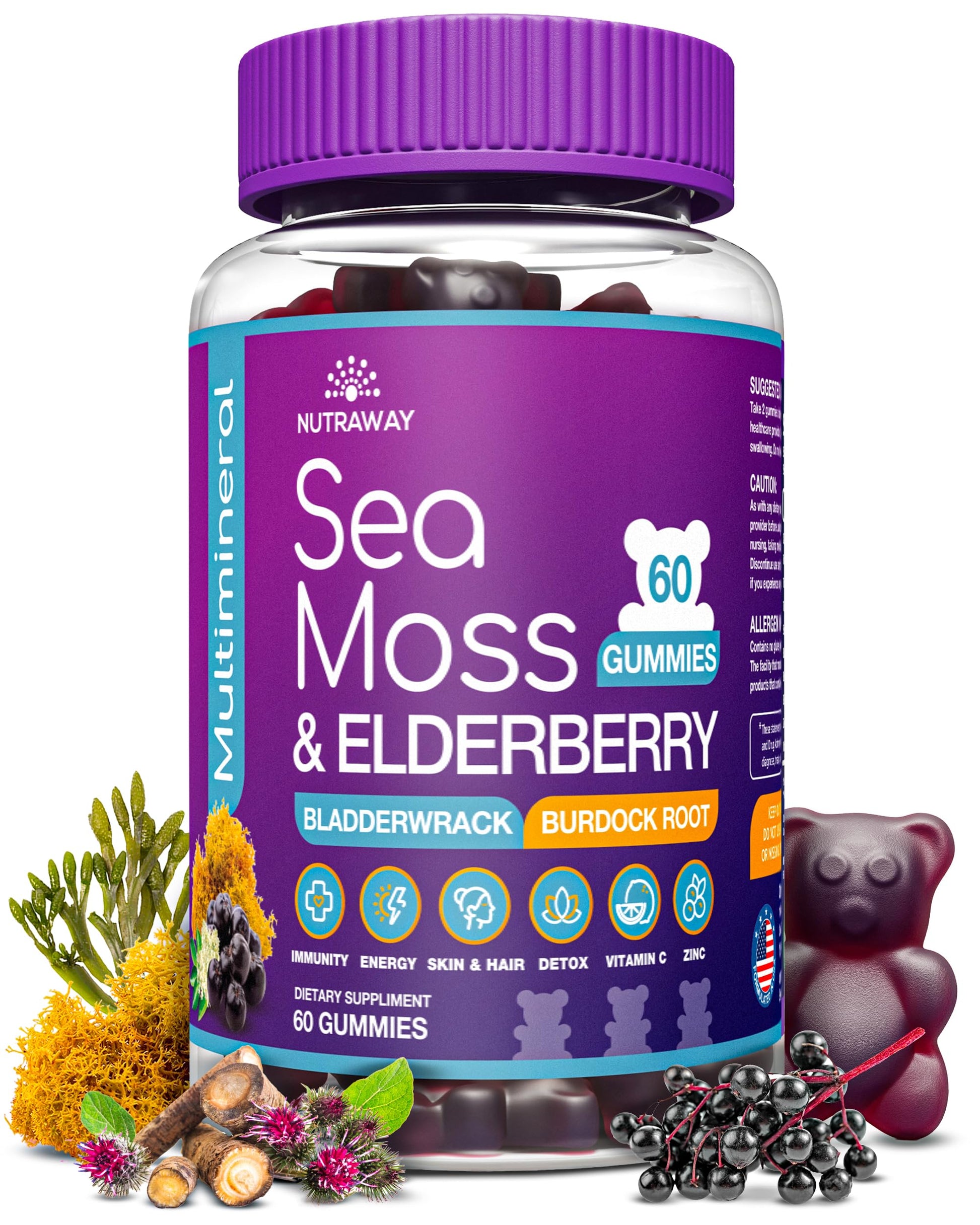 NUTRAWAY LABS Sea Moss Gummies with Elderberry, Vitamin C & Zinc - 102 Minerals from Irish Sea Moss, Bladderwrack & Burdock Root for Immune Support - Vegan Seamoss Supplement (Pack of 1) NUTRAWAY LABS Au supplements
