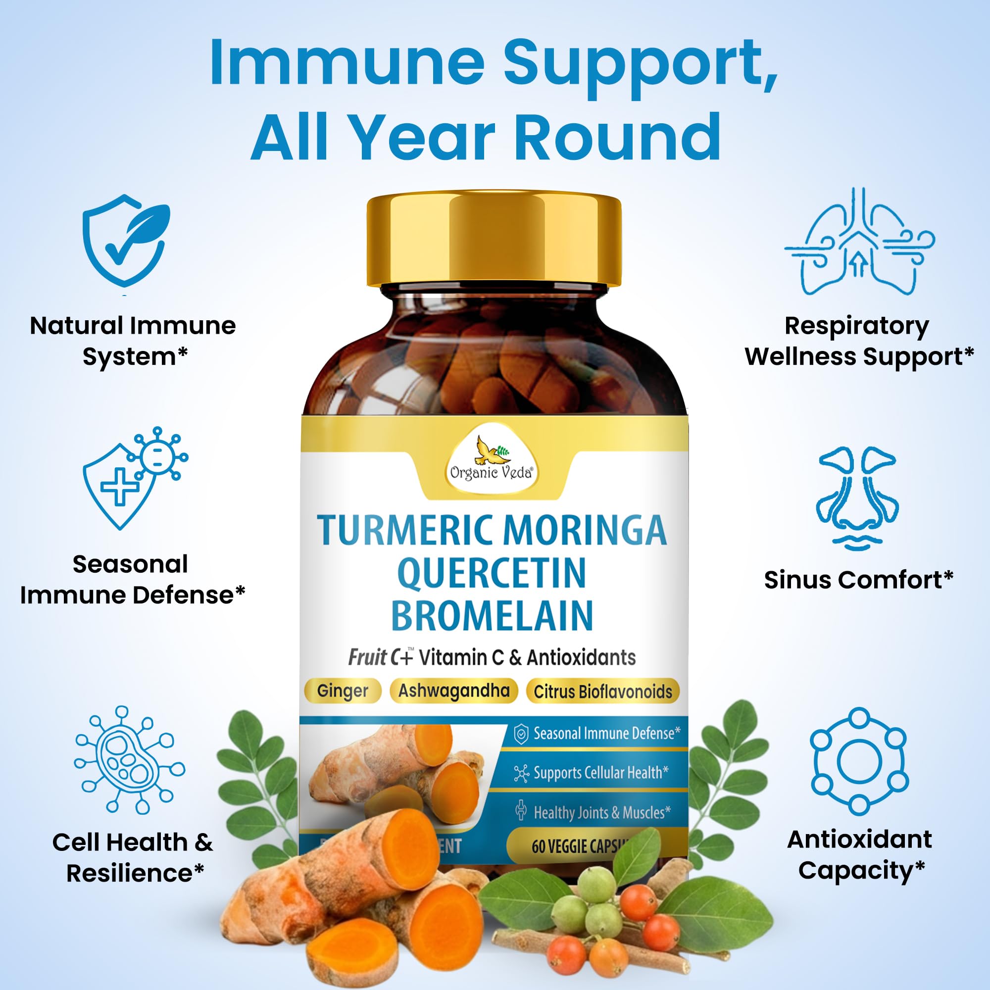 Organic Veda Turmeric Moringa Quercetin with Bromelain Capsules - Fruit C+ Vitamin C Antioxidants Immune System & Respiratory Supplement - Ashwagandha, Ginger, Citrus Bioflavonoids, 60 Vegan Capsule Organic Veda Au supplements