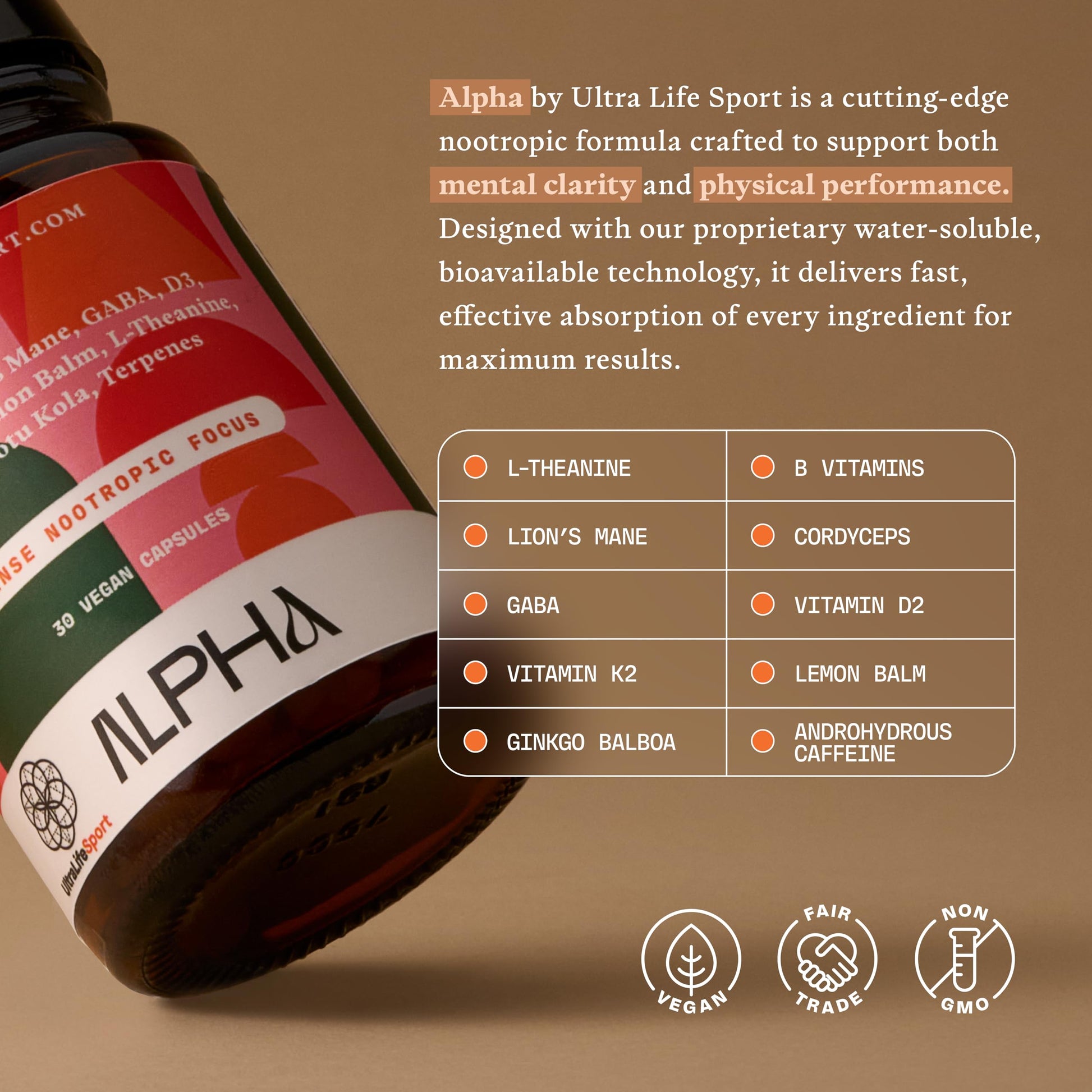 Ultra Life Sport - Alpha Nootropic - 30 Capsule Body and Brain Supplements for Memory and Focus - L-Theanine, B Vitamins, Lion's Mane, Cordyceps Mushrooms, Vitamin D3, K2 MK-7, Lemon Balm and Ginkgo Ultra Life Sport Au supplements