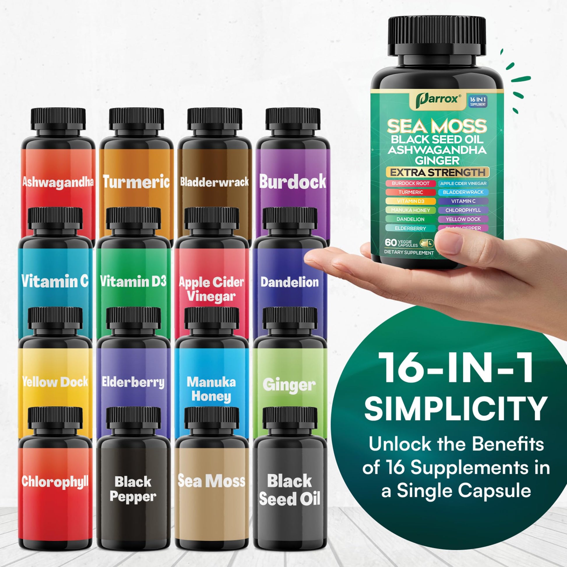 Parrox Sea Moss, Black Seed Oil, Ashwagandha, Turmeric, Chlorophyll, Dandelion, Ginger, Vitamin D3, Black Pepper, Elderberry, ACV, Yellow Dock, Burdock Root, Manuka, Vitamin C, Bladderwrack (60 Caps) Parrox Au supplements