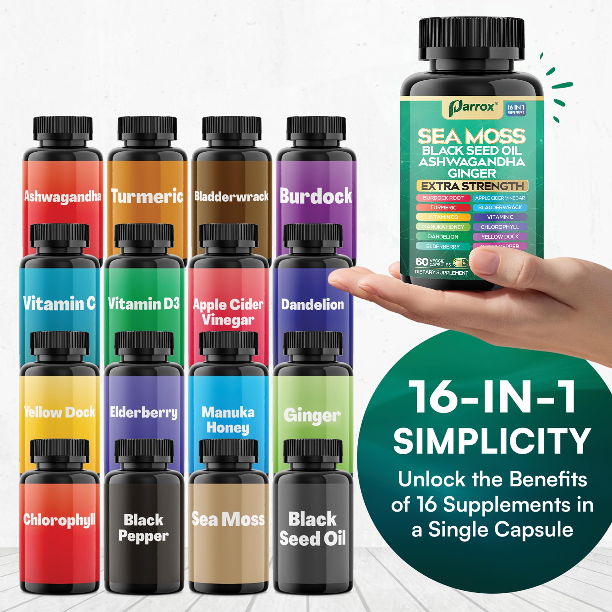 Parrox Sea Moss, Black Seed Oil, Ashwagandha, Turmeric, Chlorophyll, Dandelion, Ginger, Vitamin D3, Black Pepper, Elderberry, ACV, Yellow Dock, Burdock Root, Manuka, Vitamin C, Bladderwrack (60 Caps) Parrox Au supplements