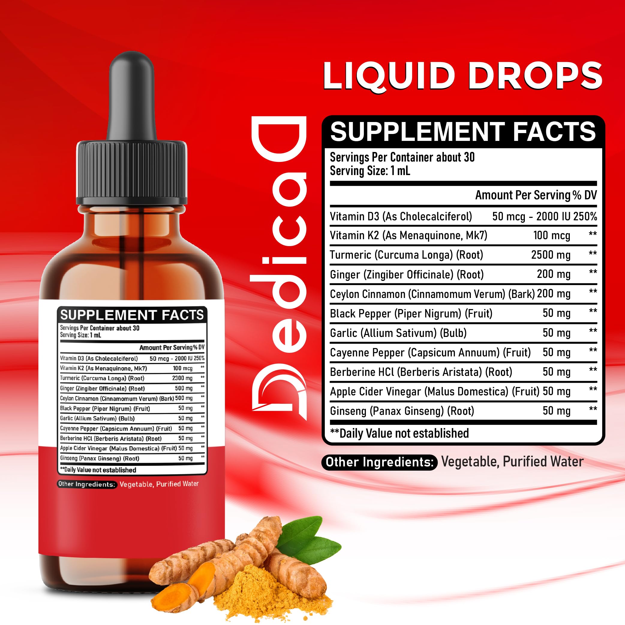 11in1 Turmeric Supplement for Health Heart & Wellness Support – with Ginger, Garlic, Ceylon Cinnamon, Berberine, Ginseng, Apple Cider Vinegar – 30ml Liquid Drops – 60 Servings DEDICAD Au supplements