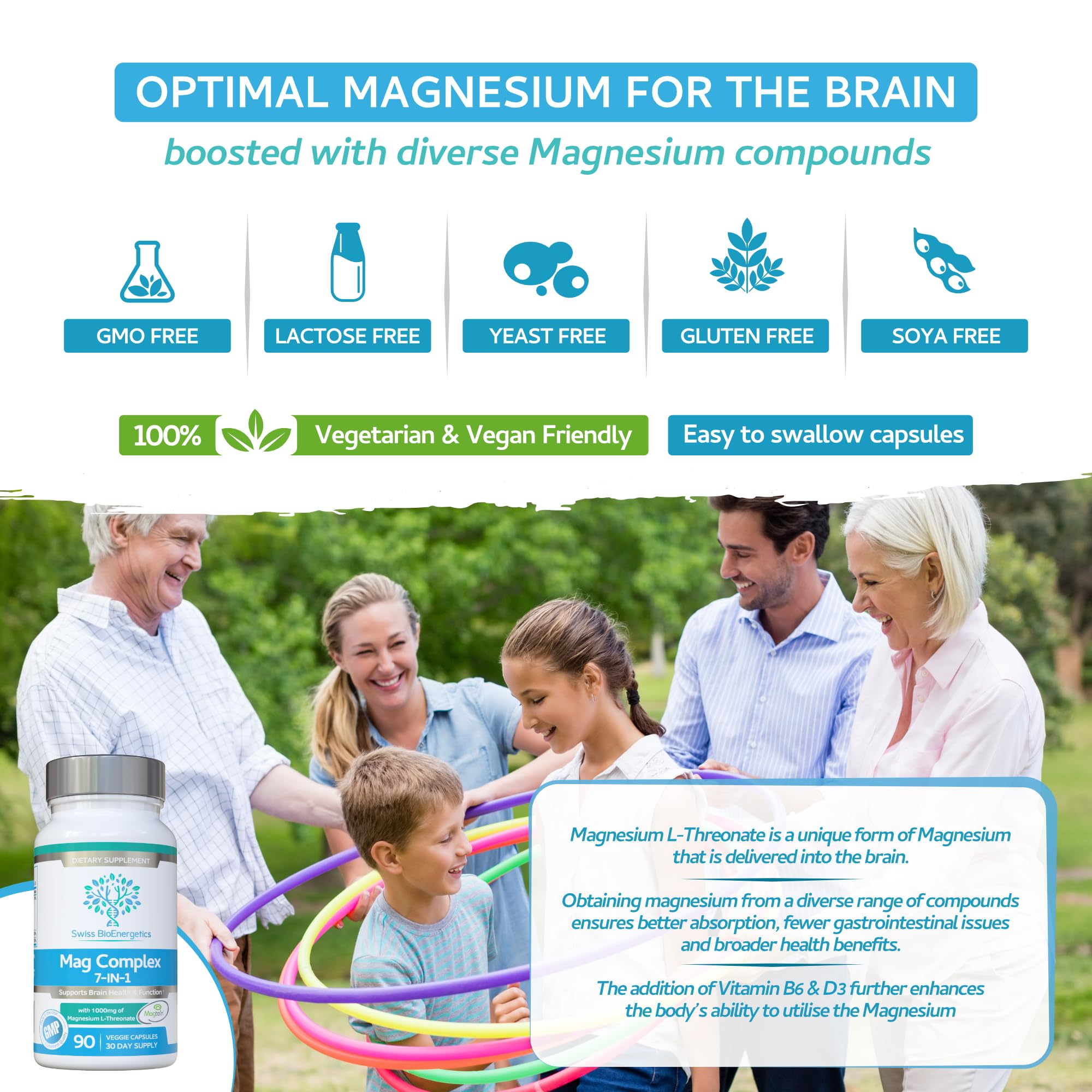 Magnesium L-Threonate Complex 7-in-1 with 1000mg of Magtein Plus Magnesium as Bisglycinate, Taurate, Citrate, Gluconate, Malate & Lactate - Supports Sleep - Vegan, US Made and No Artificial Nasties swiss bioenergetics Au supplements