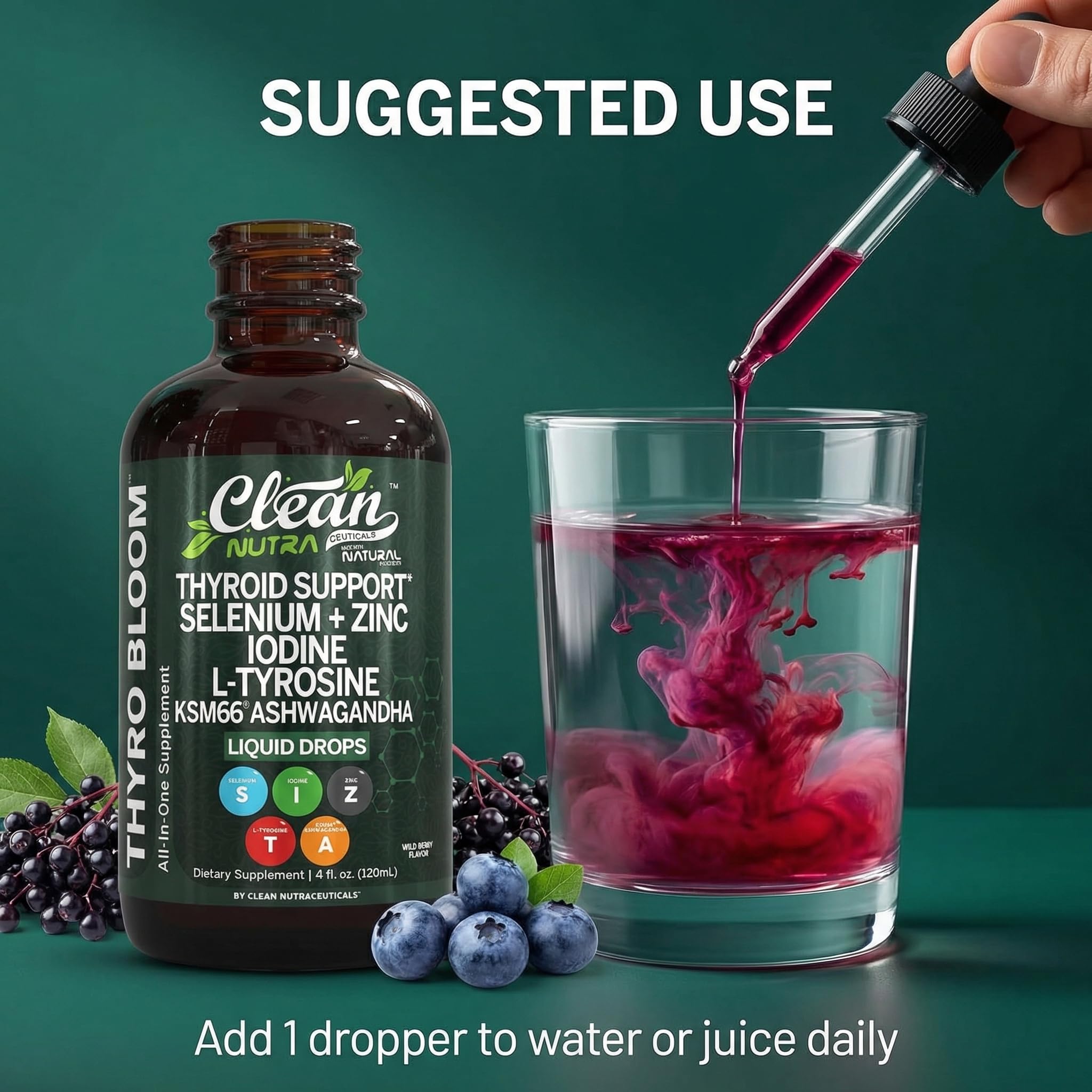 Clean Nutra Thyroid Support Drops Selenium Zinc Iodine L Tyrosine KSM66 Ashwagandha Vitamin D3 B12 A C Turmeric Kelp Schisandra Guggul Cayenne Basil Liquid Supplement Folate Copper Thyro Bloom Drop Clean Nutraceuticals Au supplements