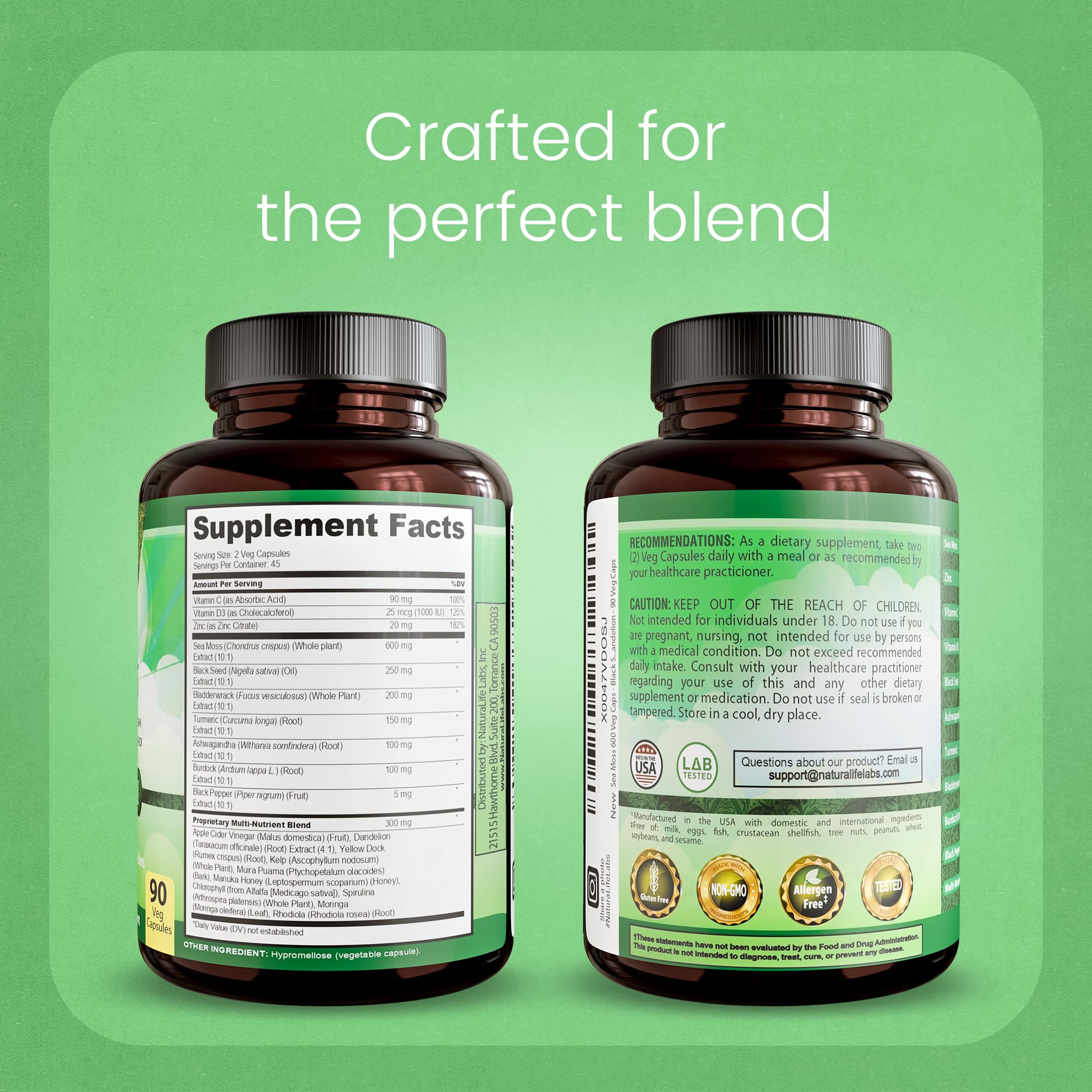 Sea Moss, Black Seed Oil, Bladderwrack, Turmeric, Ashwagandha, Burdock, Vitamin C, D3, Yellow Dock Root, Manuka, Dandelion - 90 Veggie caps NaturaLife Labs Au supplements
