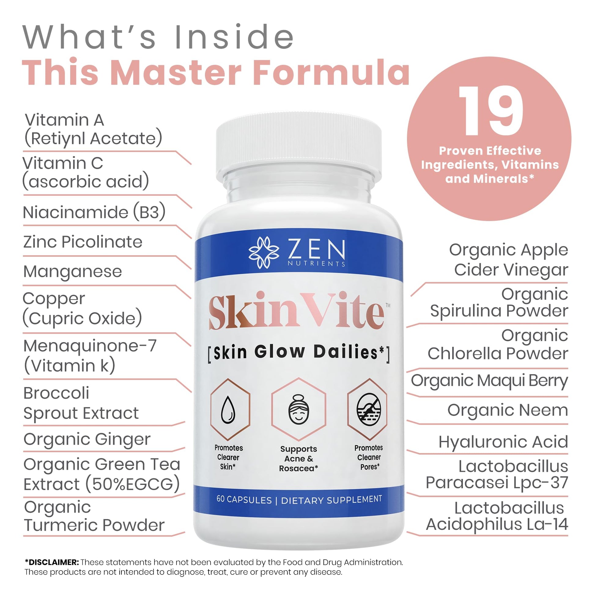 Zen Nutrients SkinVite Natural Skin Supplement for Women, Men & Teens - Hormonal Breakouts & Clear Skin Support Supplement - Detoxifying Vitamin for Acne and Digestion Support Zen Nutrients Au supplements