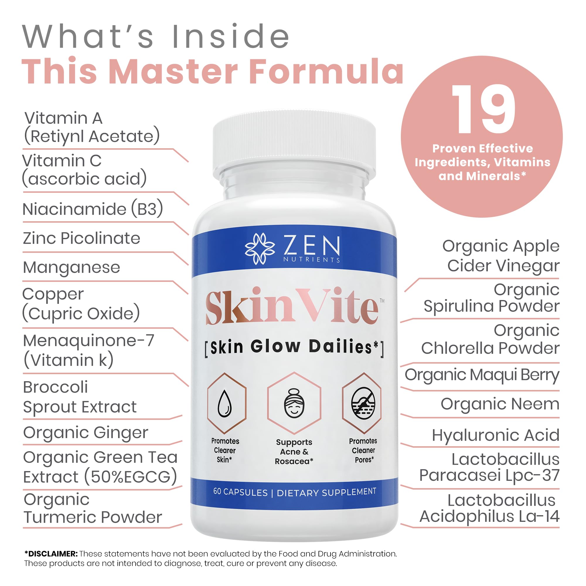 Zen Nutrients SkinVite Natural Skin Supplement for Women, Men & Teens - Hormonal Breakouts & Clear Skin Support Supplement - Detoxifying Vitamin for Acne and Digestion Support Zen Nutrients Au supplements