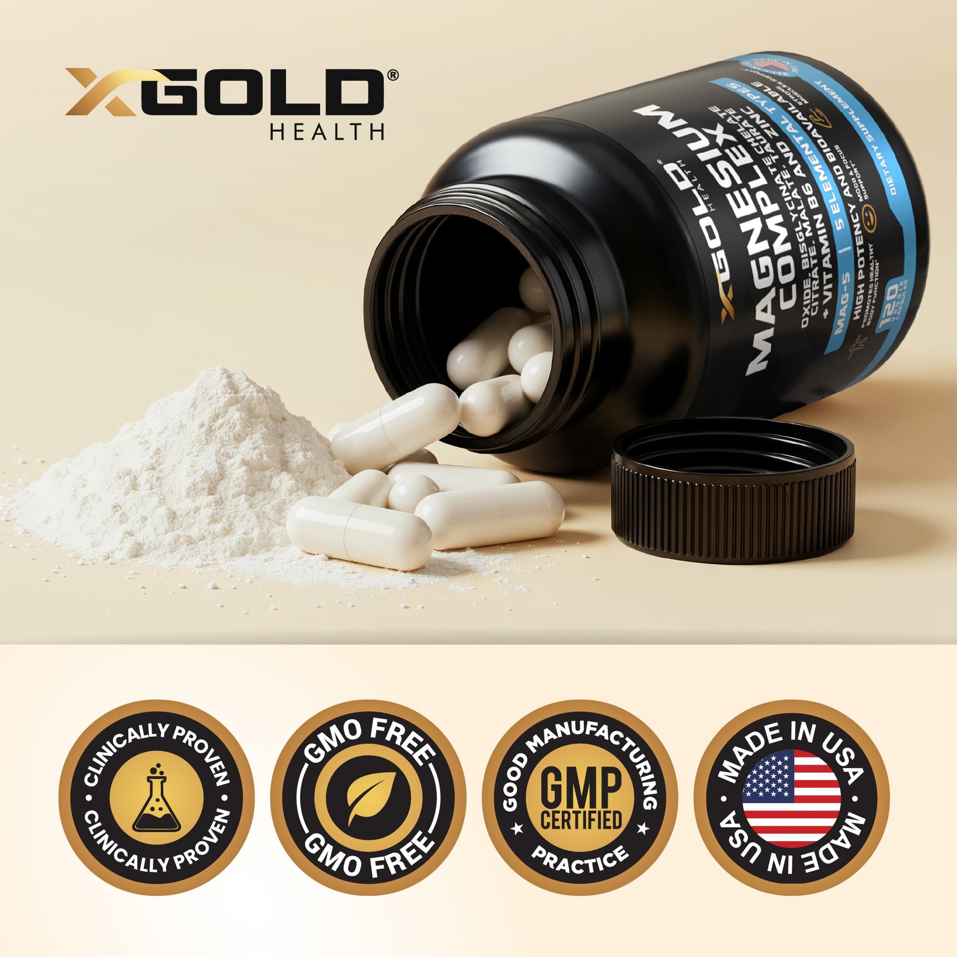X Gold Health Magnesium Complex 5-in-1 with Zinc & B6 High Absorption Capsules (Glycinate, Citrate, Malate, Taurate, Oxide) Muscle Recovery, Energy, Sleep Support & Immune Health 500mg Made in USA X Gold Health Au supplements
