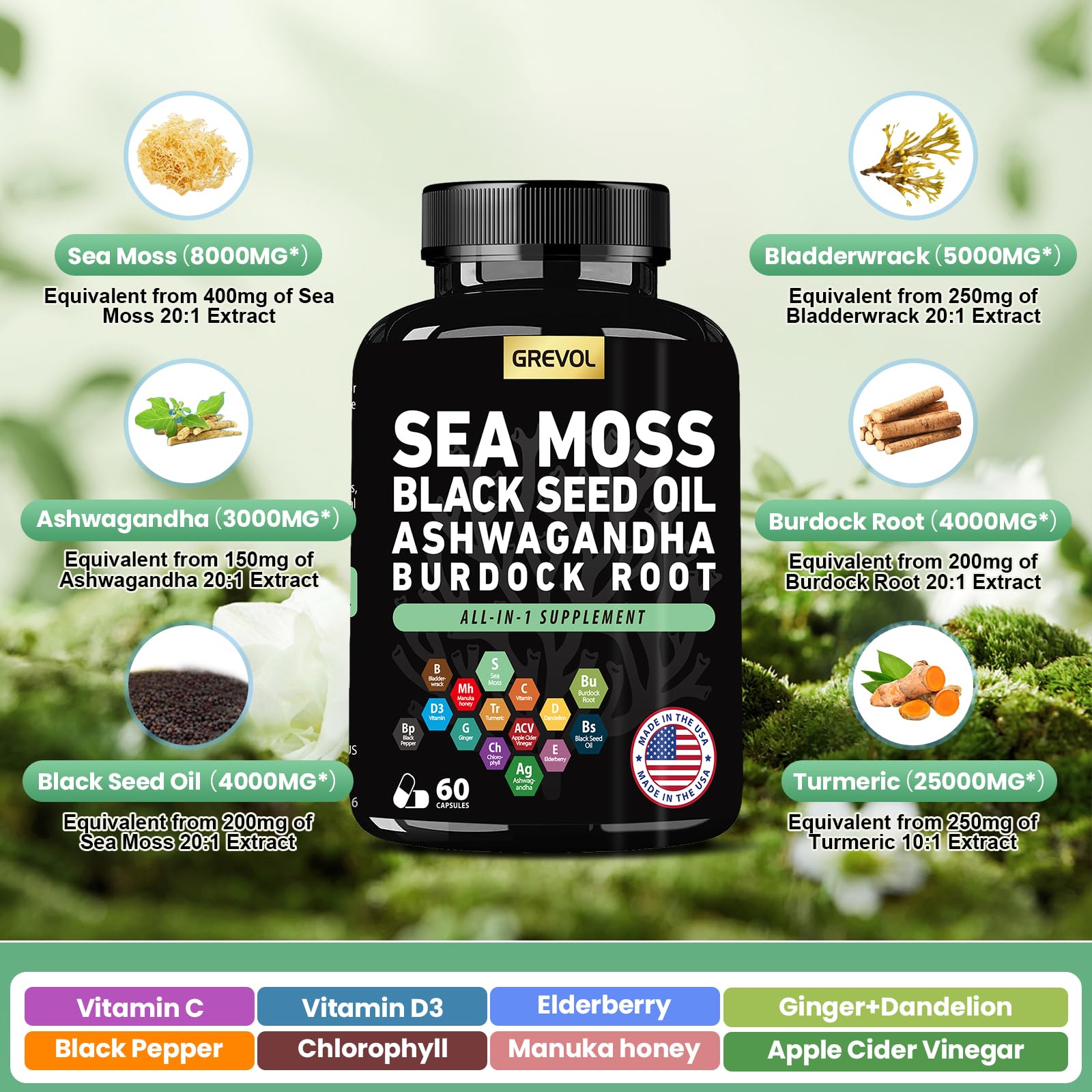 Sea Moss Black Seed Oil Ashwagandha Bladderwrack Burdock Root Turmeric & Vitamin C D3 Elderberry ACV Black Pepper - Multimineral Supplement - 60 Count Grevol Au supplements