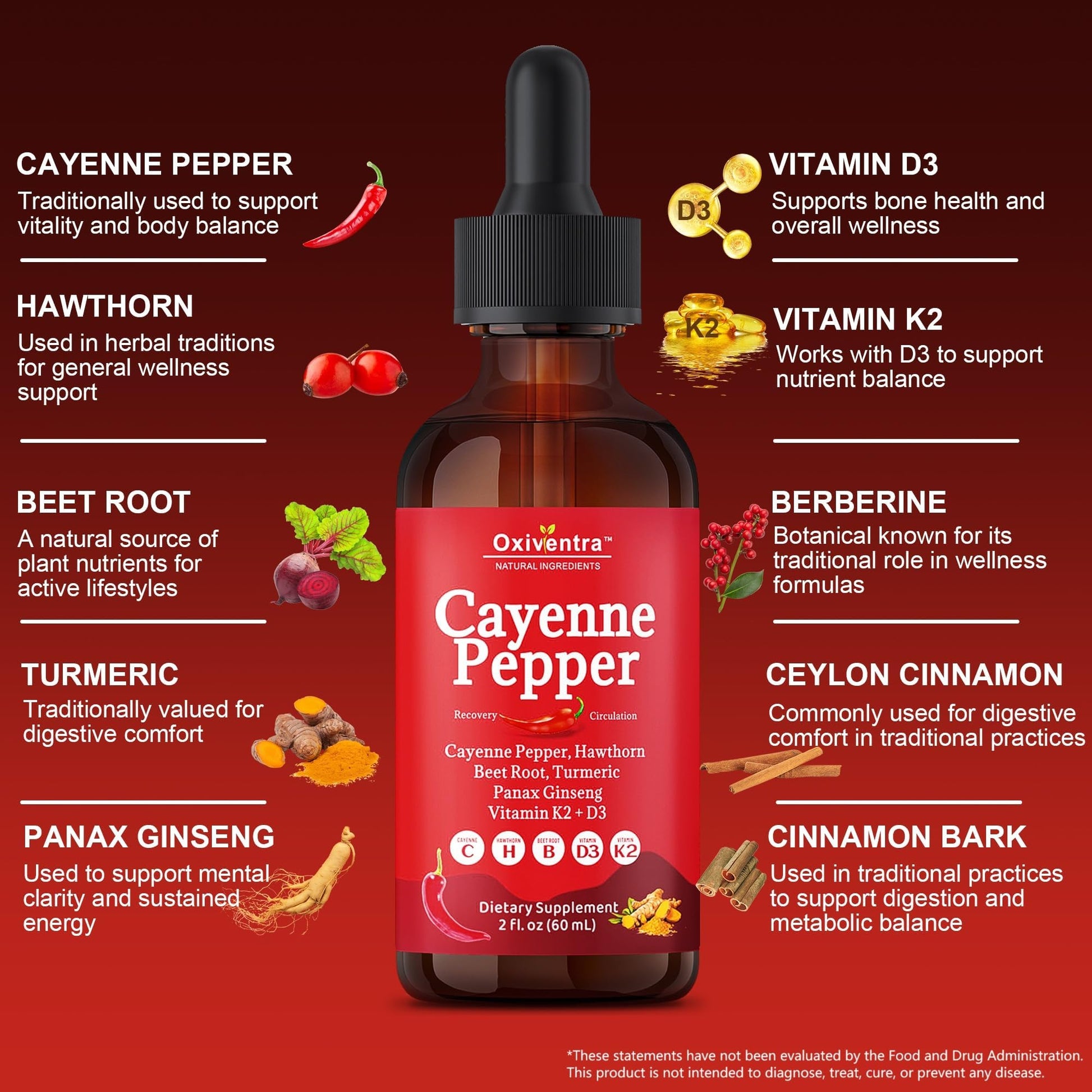 Cayenne Pepper Drops Liquid Supplement Smooth & Sweet Herbal Liquid + Hawthorn Berry, Vitamin D3 K2 Beet Root Powder, Ceylon Cinnamon, Turmeric Curcumin, Organic Panax Ginseng - 2fl oz Oxiventra Au supplements