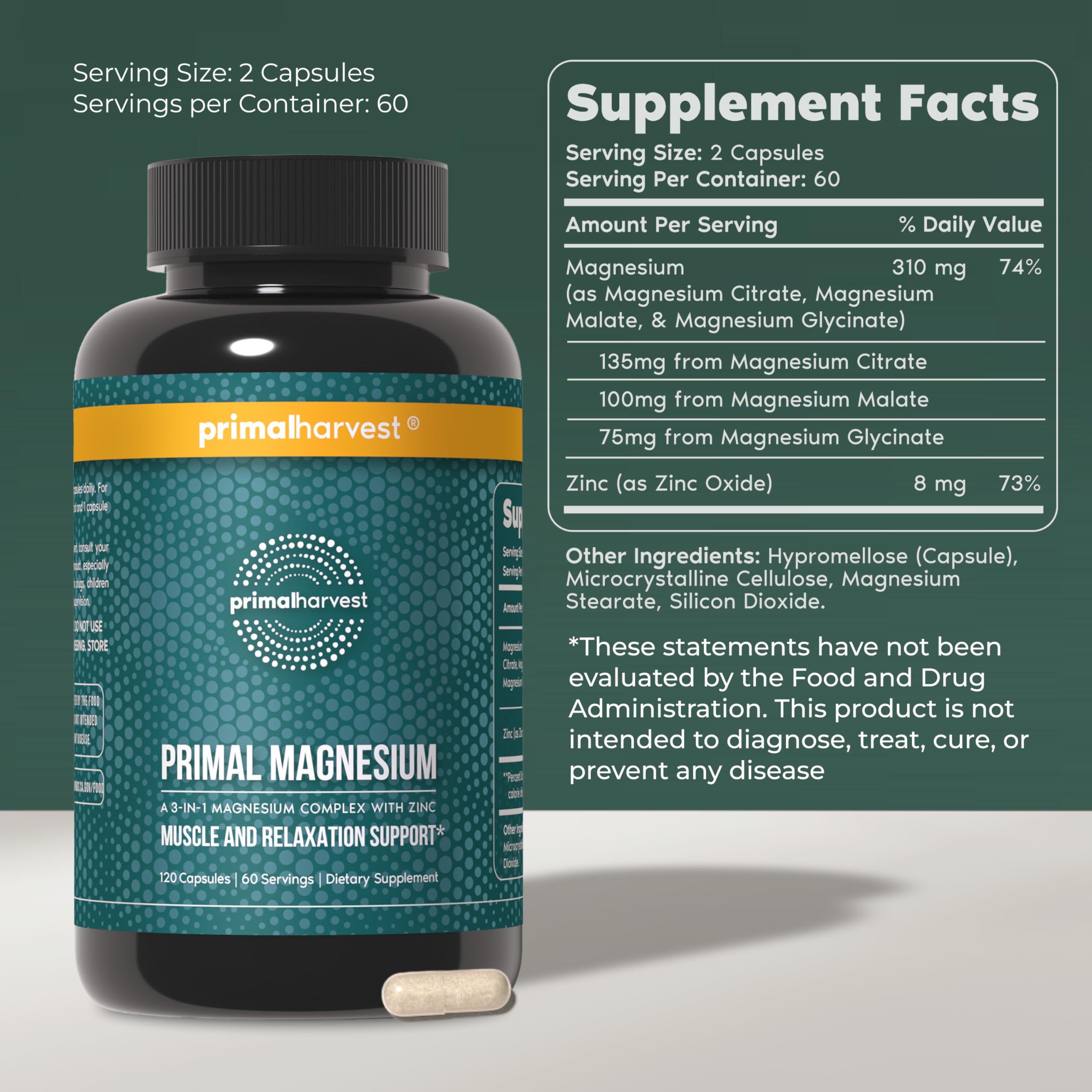 Primal Harvest Magnesium Supplement Complex 310mg by Primal Harvest with Magnesium Glycinate, Citrate, Malate, and Zinc 2 Pack, 240 Capsules Primal Harvest Au supplements
