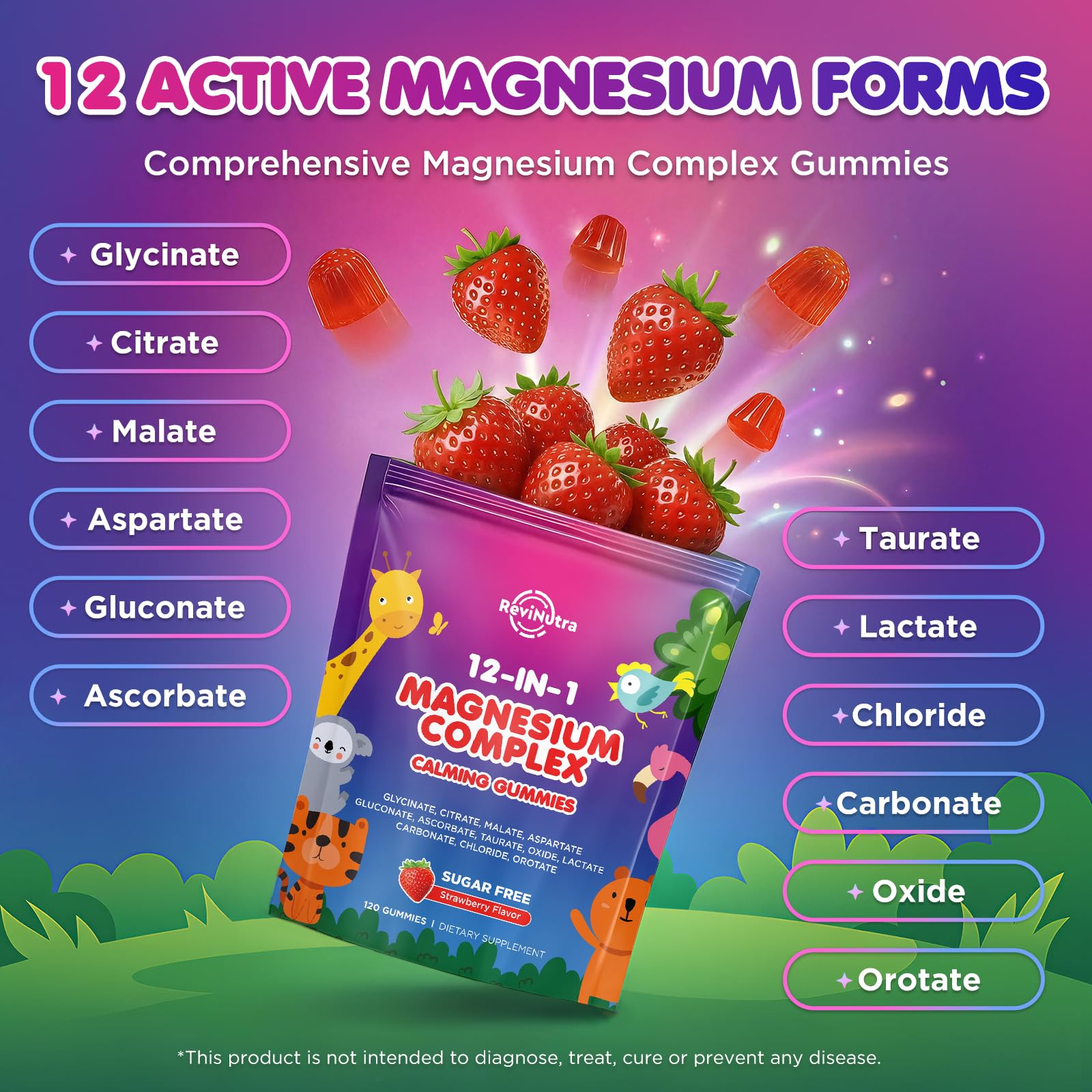 Magnesium Complex 700mg - 12 in 1 Magnesium Gummies with Glycinate, Citrate, Malate, Oxide, Taurate, Aspartate, Orotate - Supports Relaxation, Muscle & Heart - Sugar Free Strawberry 120 Count ReviNutra Au supplements