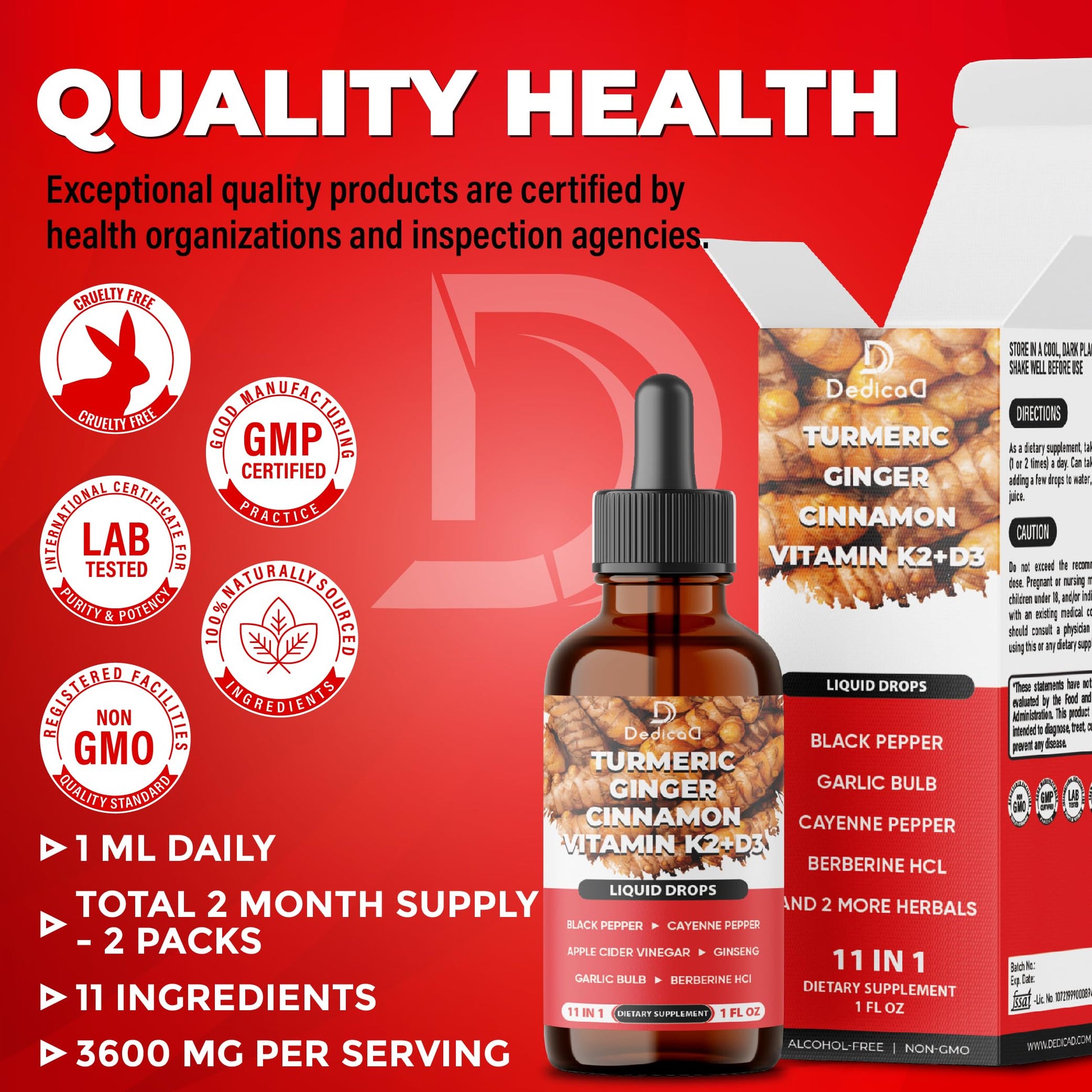 11in1 Turmeric Supplement for Health Heart & Wellness Support – with Ginger, Garlic, Ceylon Cinnamon, Berberine, Ginseng, Apple Cider Vinegar – 30ml Liquid Drops – 60 Servings DEDICAD Au supplements